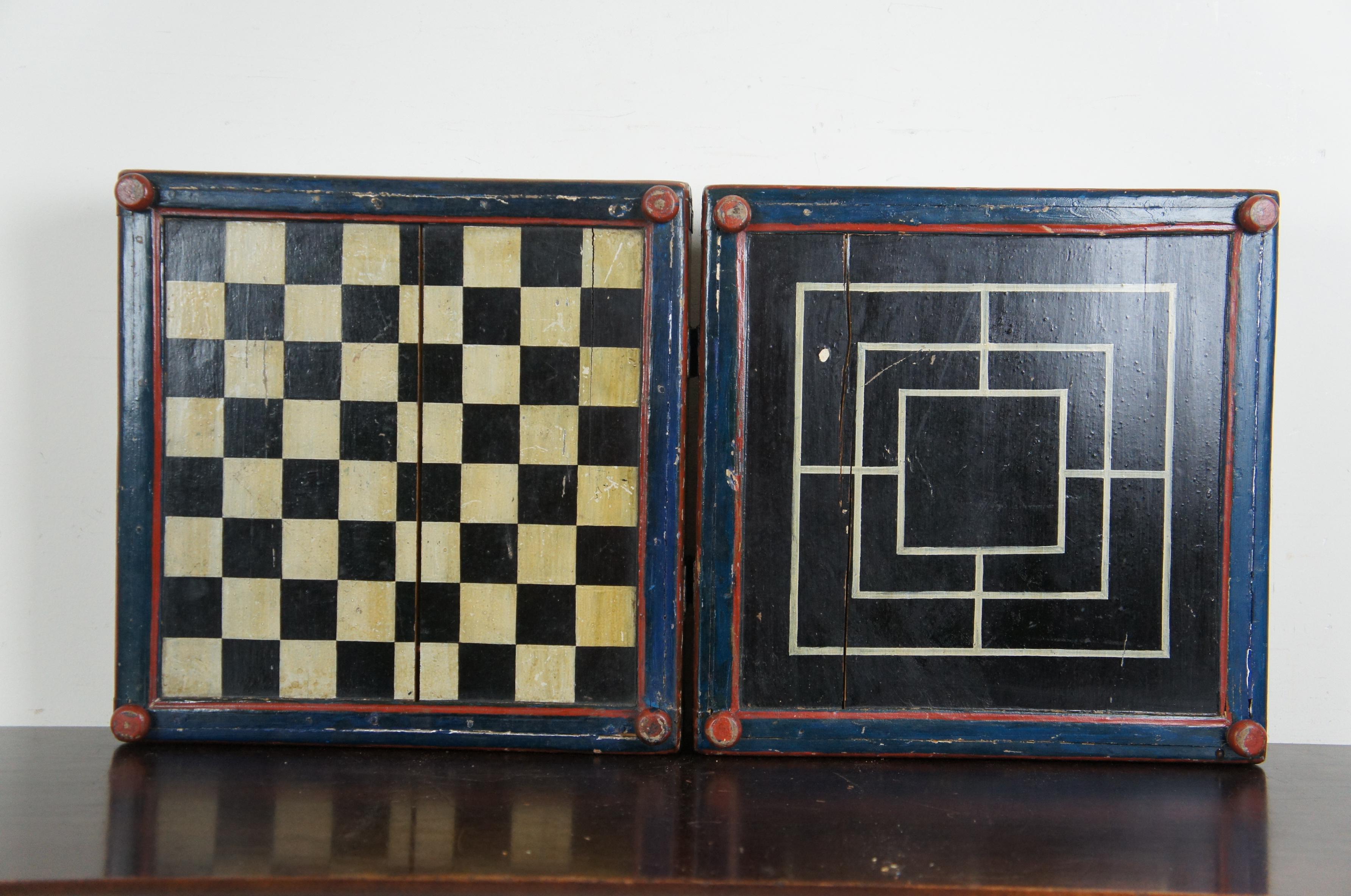 1817 Antique Painted Chess Backgammon Checkers Game Board Folk Art Primitive In Good Condition In Dayton, OH