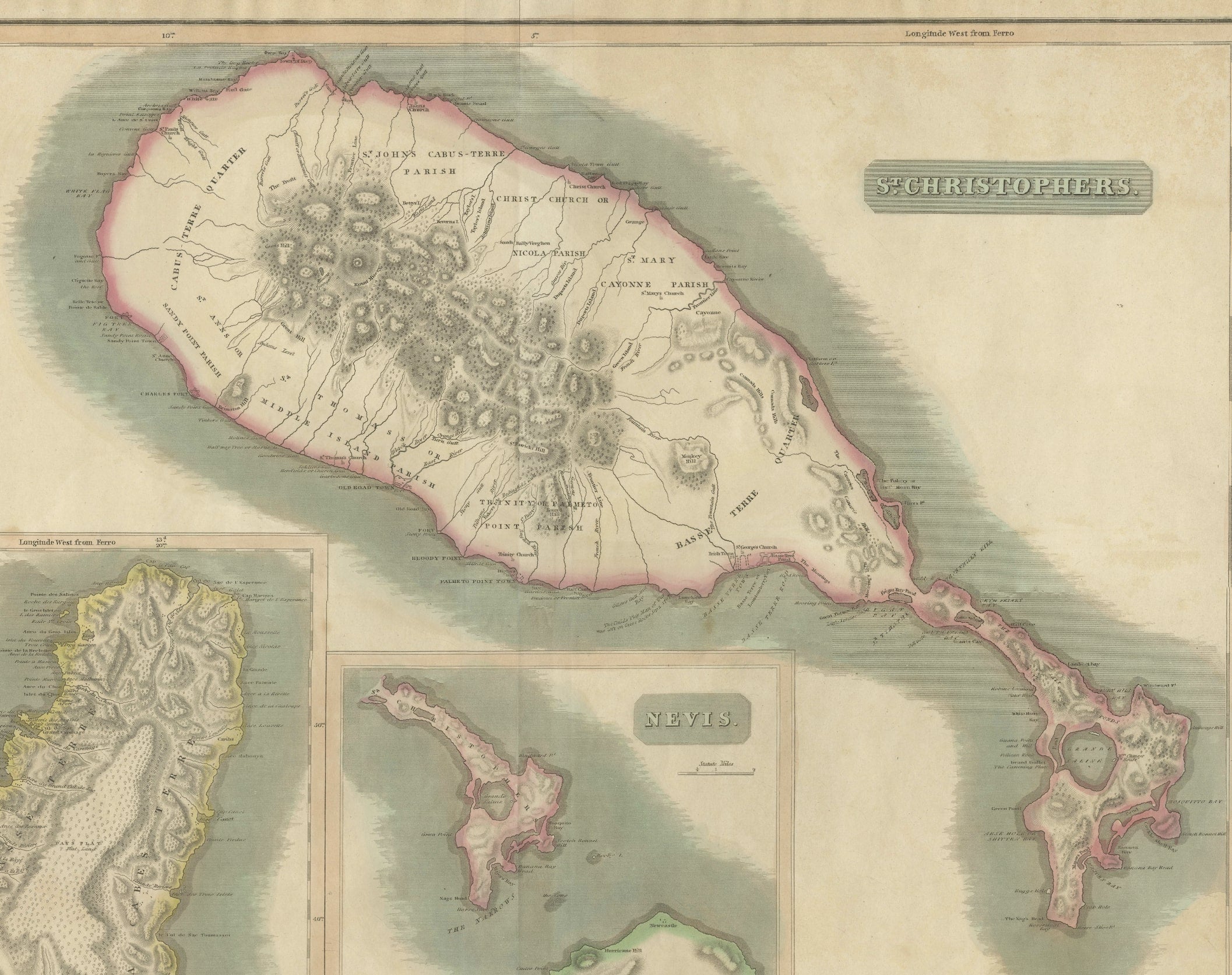 This is an antique map depicting the islands of St. Kitts (St. Christopher's) and Nevis in the West Indies, along with a smaller inset map of St. Lucia. 

The main map focuses on St. Kitts, with detailed topographical features such as mountain
