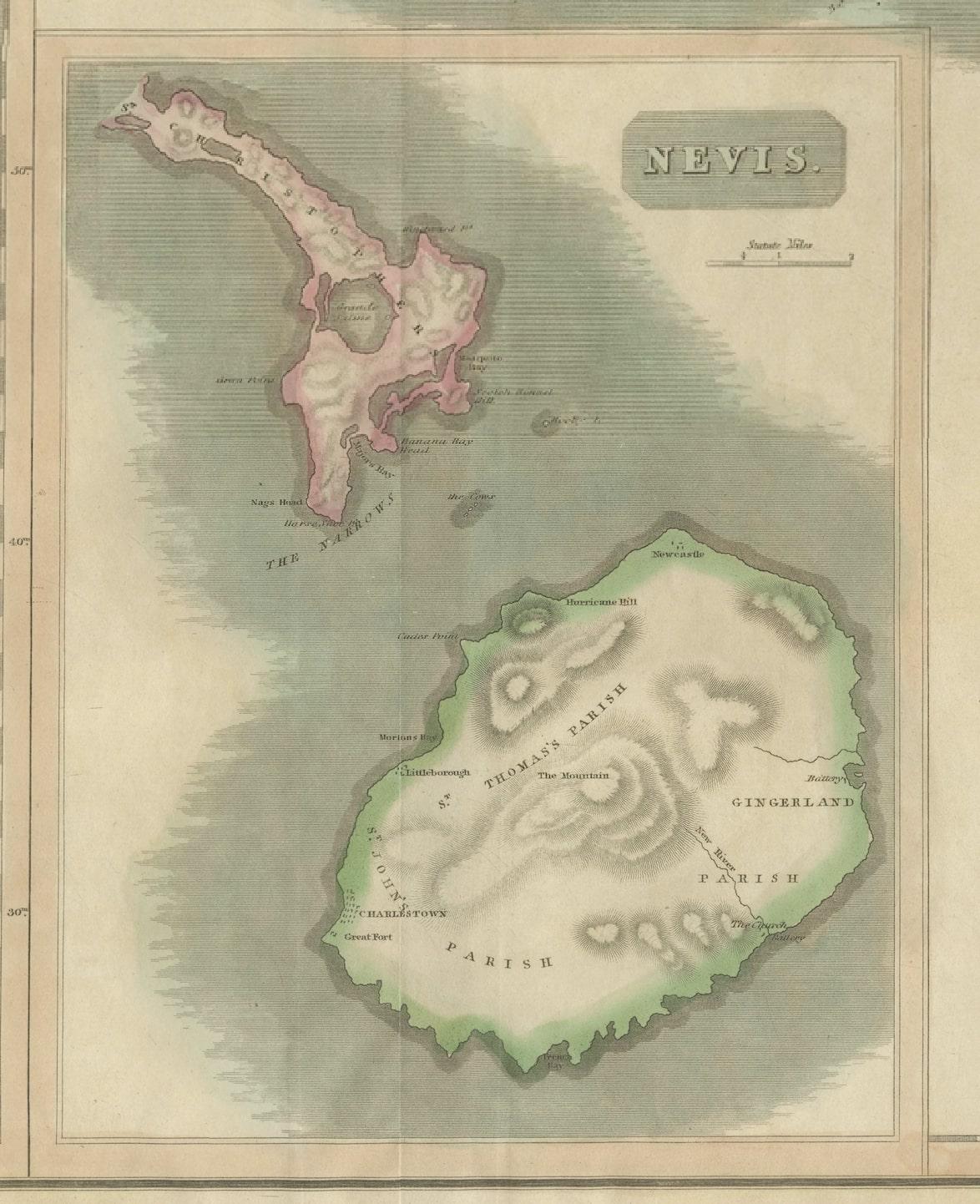 Engraved 1817 John Thomson's Handcolored Antique Map of St. Kitts, Nevis, and St. Lucia  For Sale