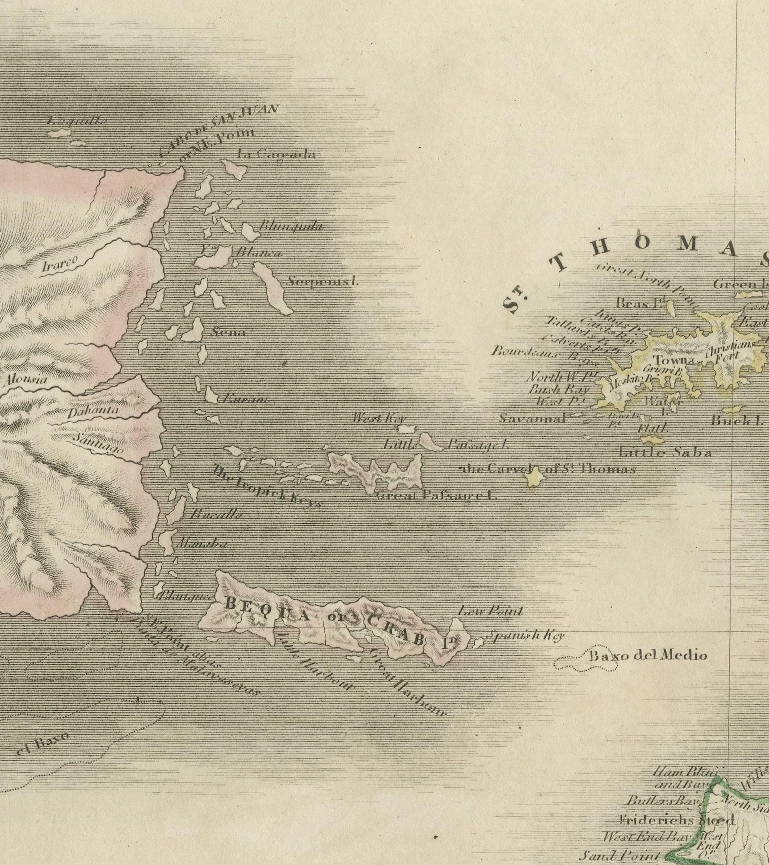 1817 Karte von Puerto Rico und den Jungferninseln mit Original-Handkolorierung (Graviert) im Angebot