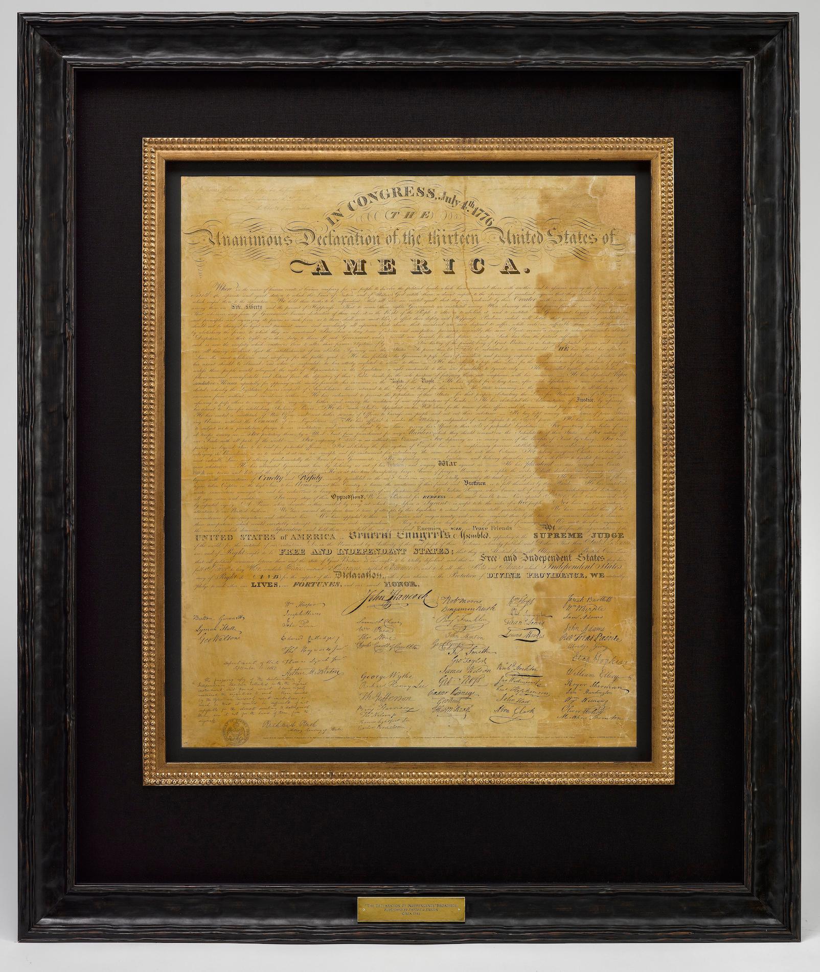 This is a stunning 1818 broadside engraving of the Declaration of Independence, the first engraved broadside of our nation’s founding document. The year 1815 saw the conclusion of the United States’ second war with Britain, the War of 1812, and our