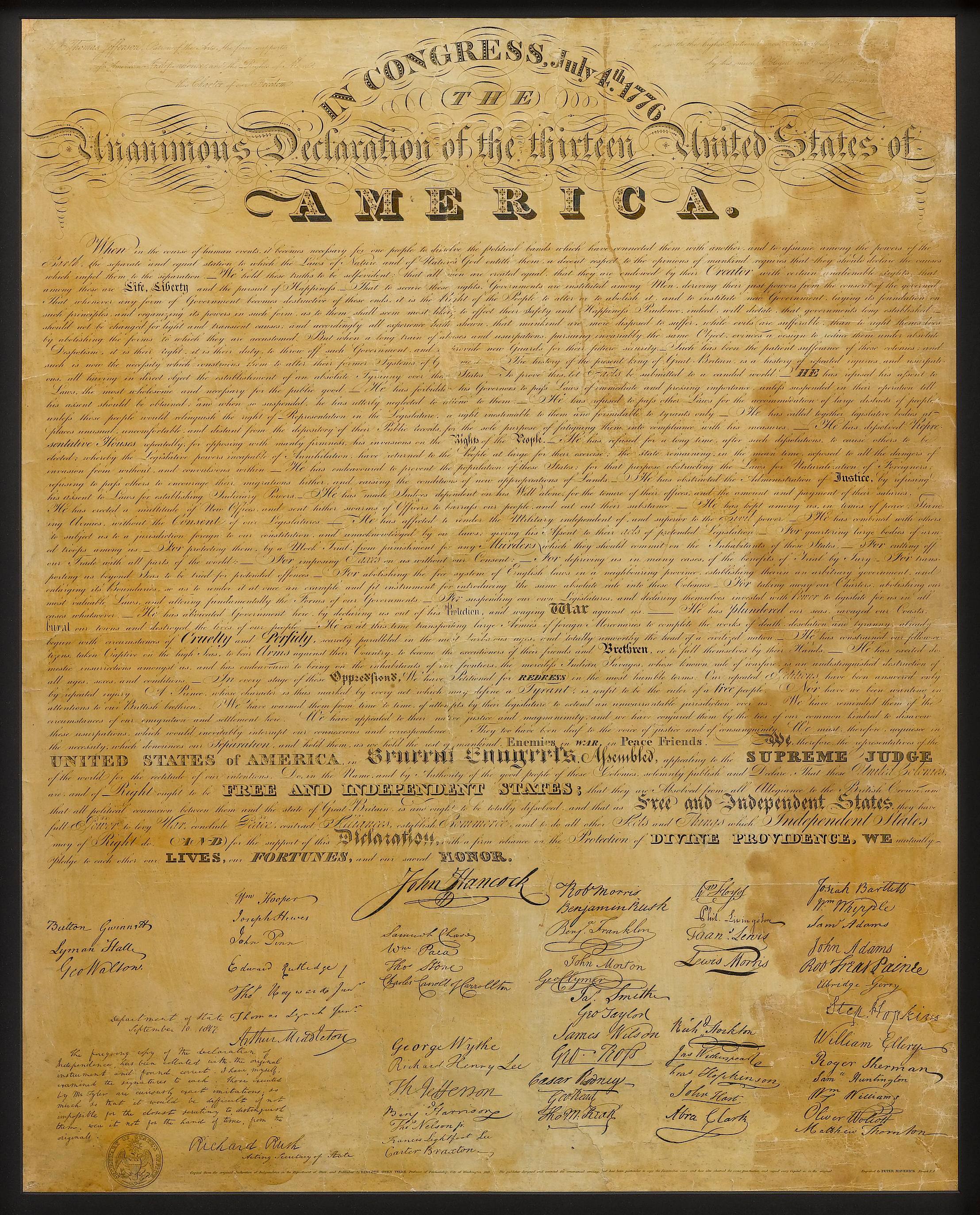 American 1818 Declaration of Independence Broadside Engraved by Benjamin Owen Tyler