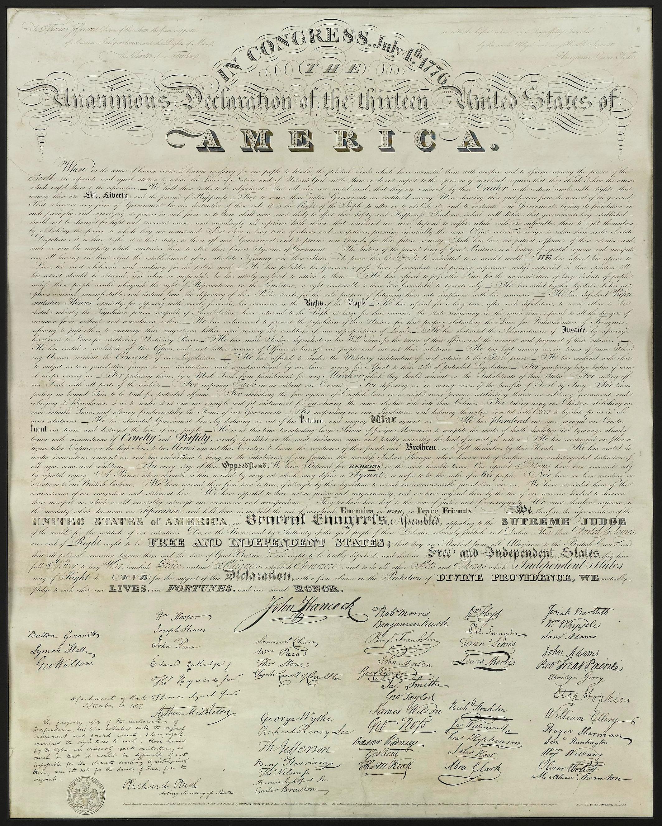 Federal 1818 Declaration of Independence Broadside Engraved by Benjamin Owen Tyler For Sale