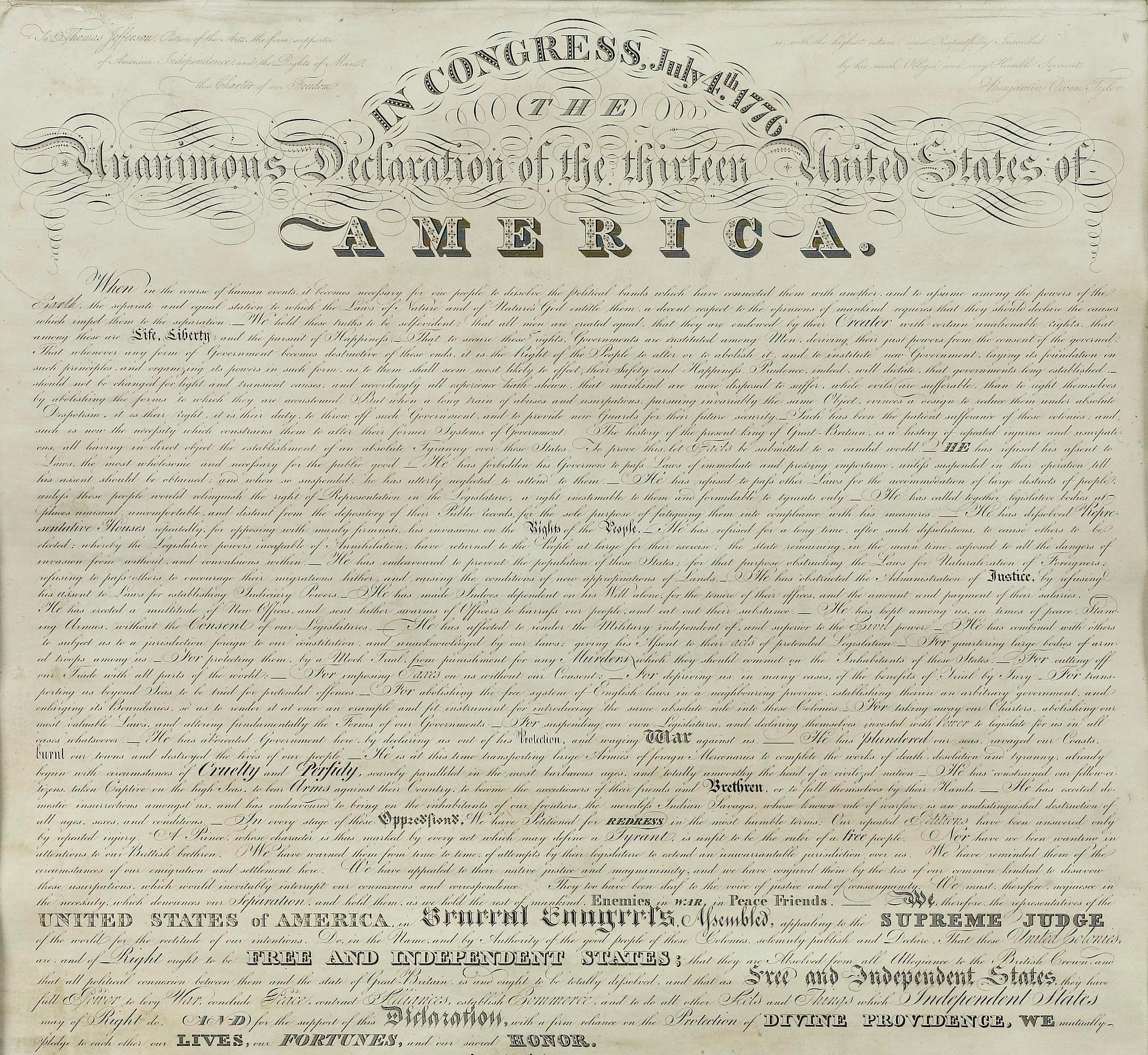 American 1818 Declaration of Independence Broadside Engraved by Benjamin Owen Tyler For Sale