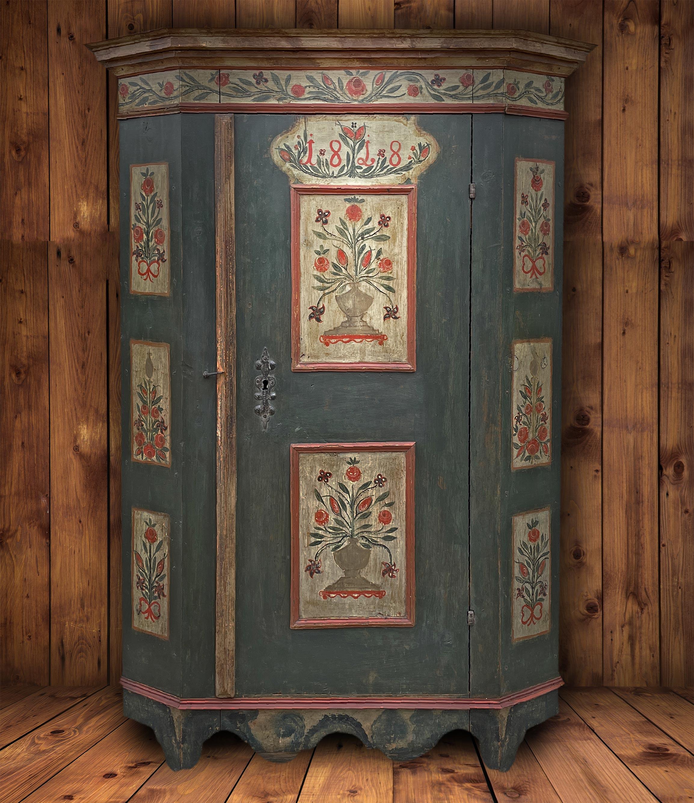 Hand-Carved 1818 Floral Painted Wardrobe
