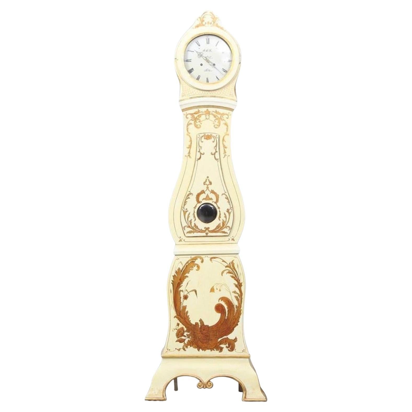 1818 Swedish Mora Clocks Off-White Bronze Early 1800s Antique Hand Painted A en vente
