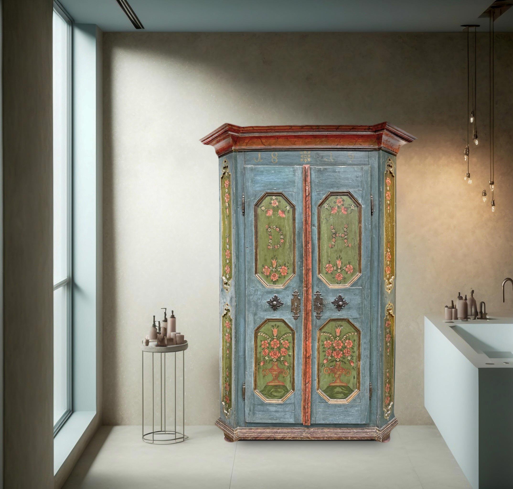 1819 Blu Floral Painted Cabinet, Central Europe 9