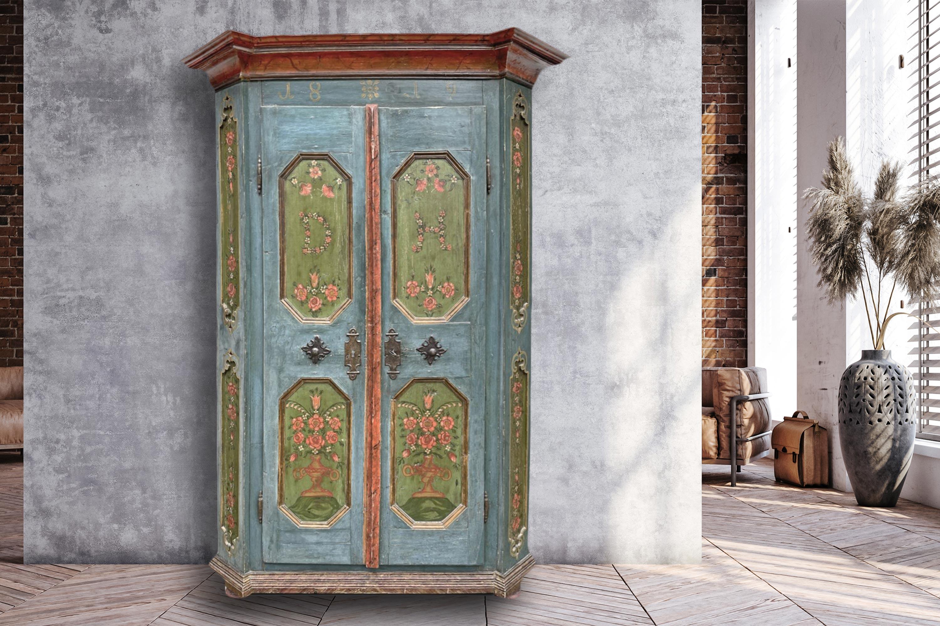 1819 Blu Floral Painted Cabinet, Central Europe 10