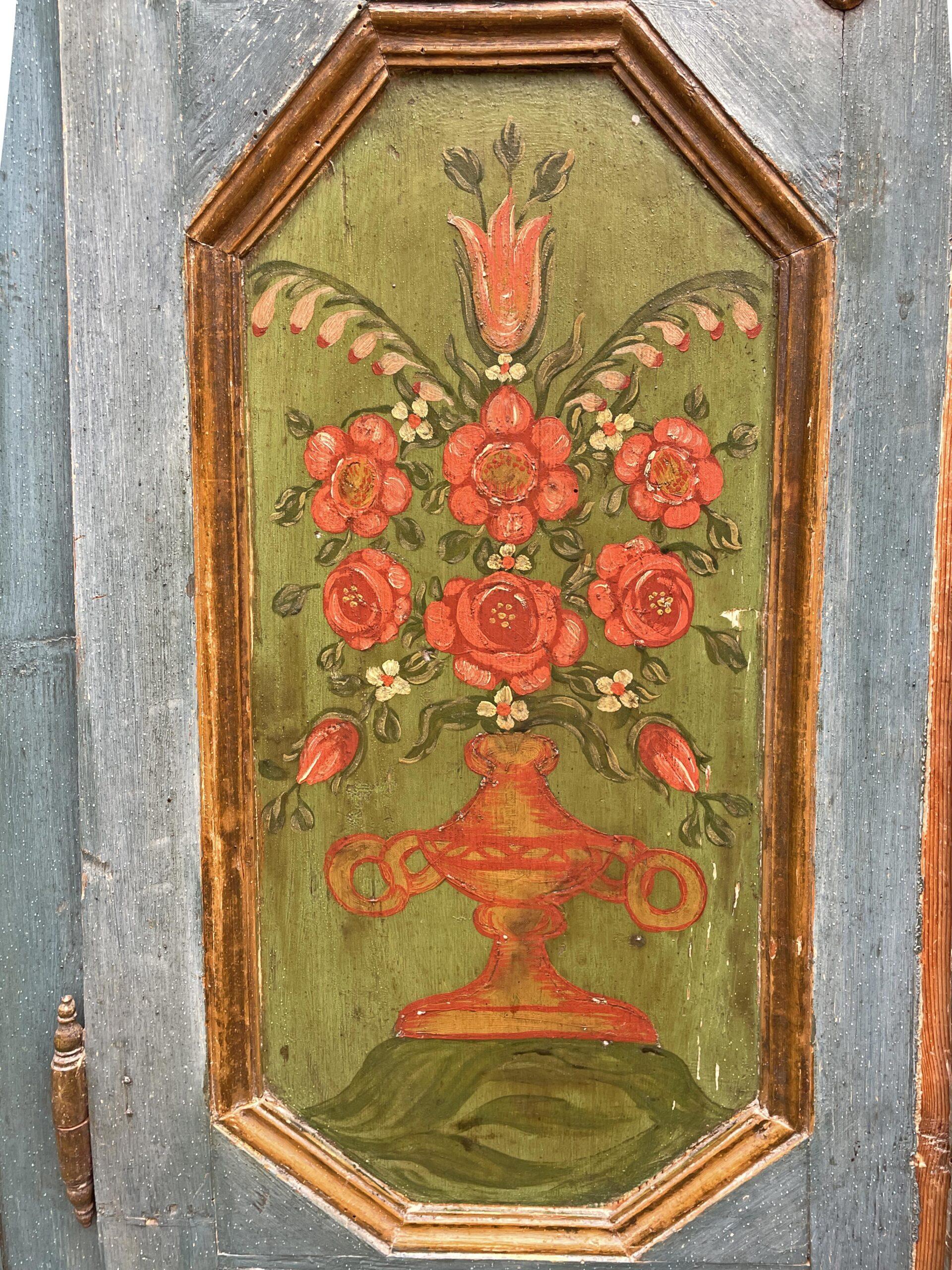 Hand-Carved 1819 Blu Floral Painted Cabinet, Central Europe