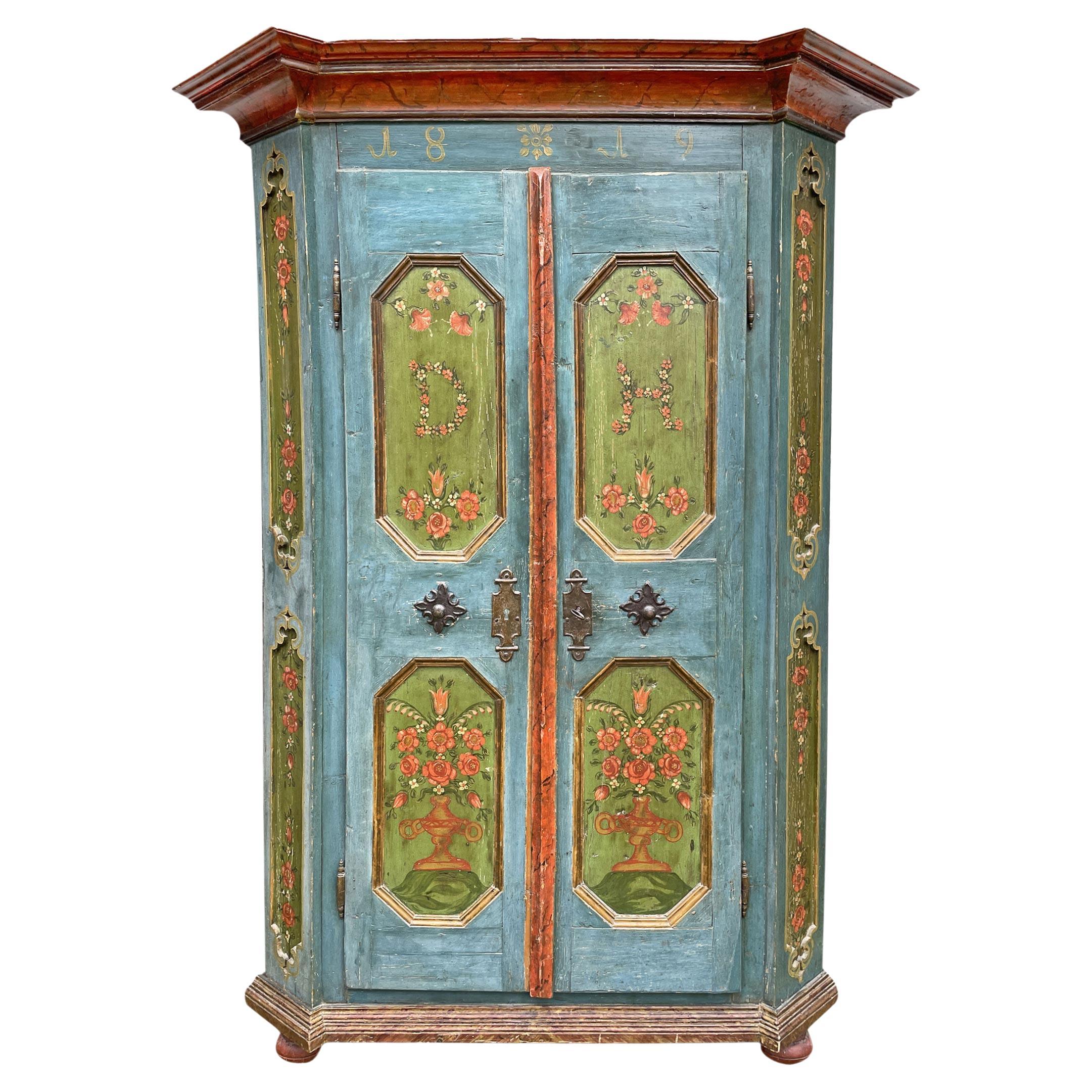 1819 Blu Floral Painted Cabinet, Central Europe