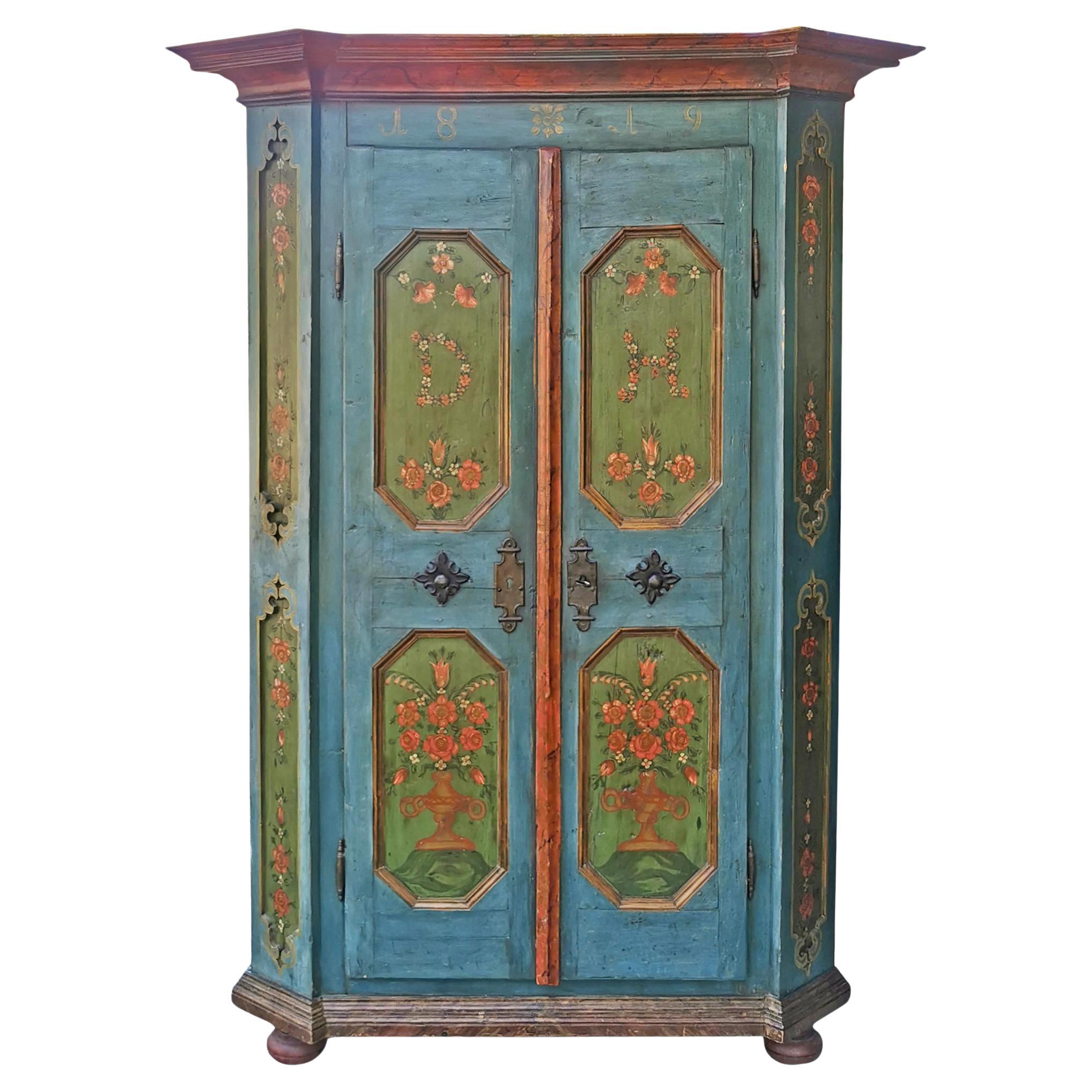 1819 Blu Floral Painted Cabinet, Central Europe
