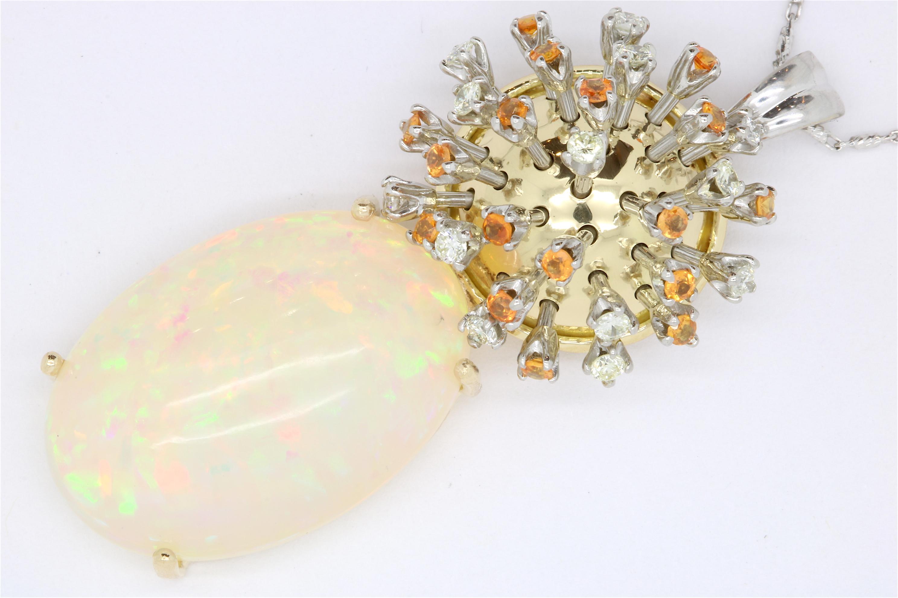 Material: 14k Two Tone Gold 
Center Stone Detail:  1 Oval Opal at 18.19 Carats
Stone Details:  13 Round White Diamonds at 0.51 Carats - Clarity: SI / Color: H-I, 17 Orange Sapphires at 0.65 Carats
Chain Length:  18 Inch

Fine one-of-a kind
