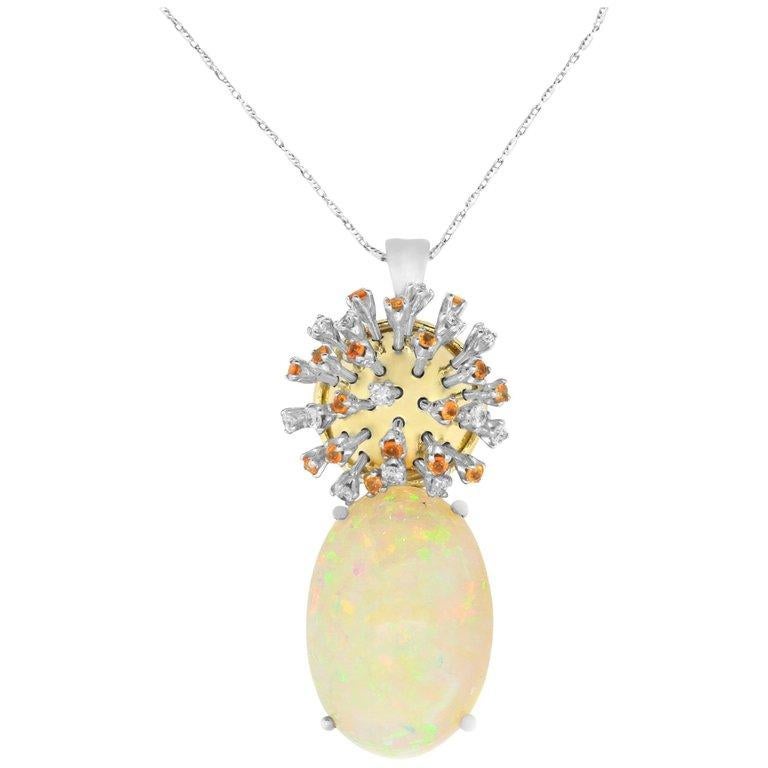 Contemporary 18.19 Carat Opal, 0.51 Carat White Diamond and 0.65 Orange Sapphire Pendant