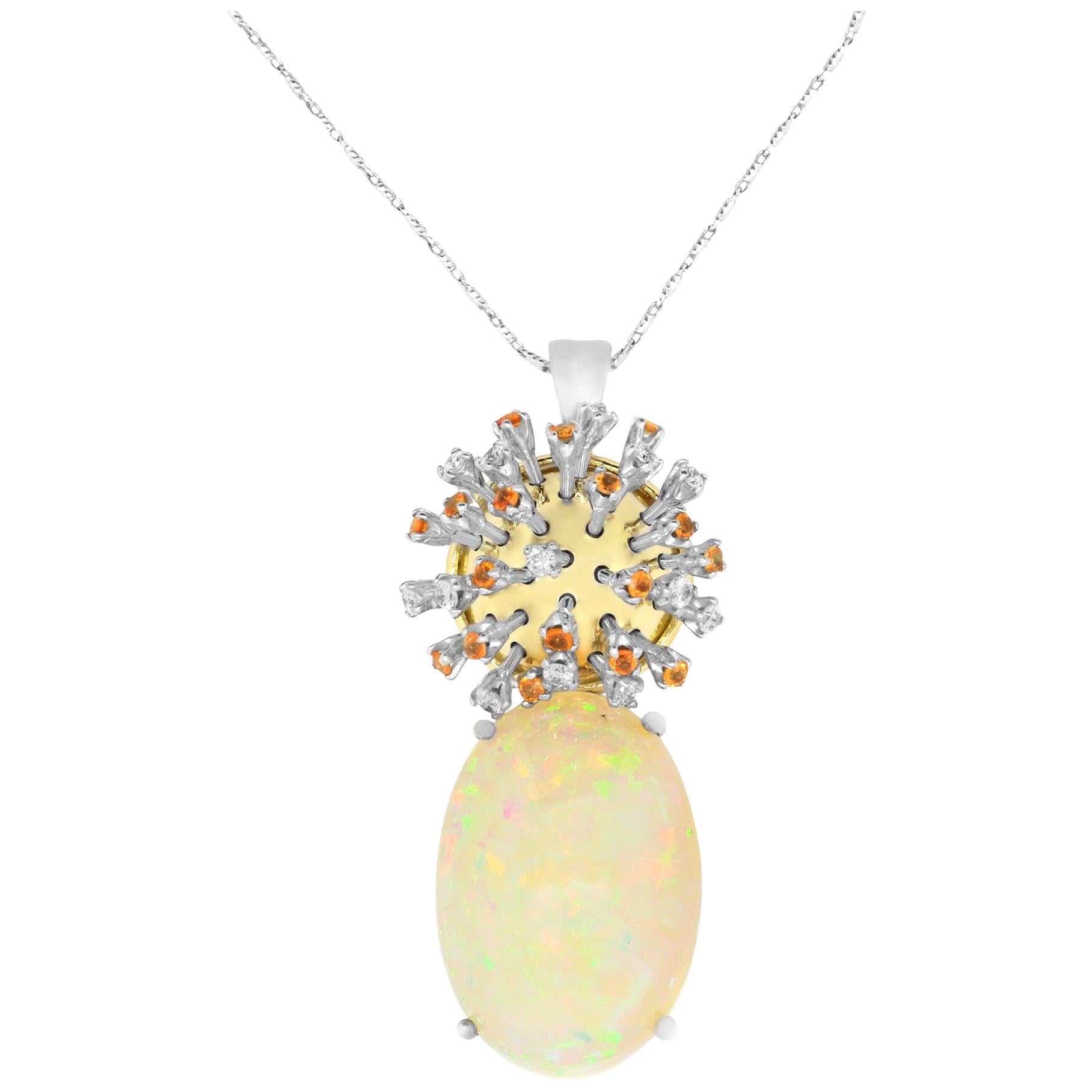 18.19 Carat Opal, 0.51 Carat White Diamond and 0.65 Orange Sapphire Pendant