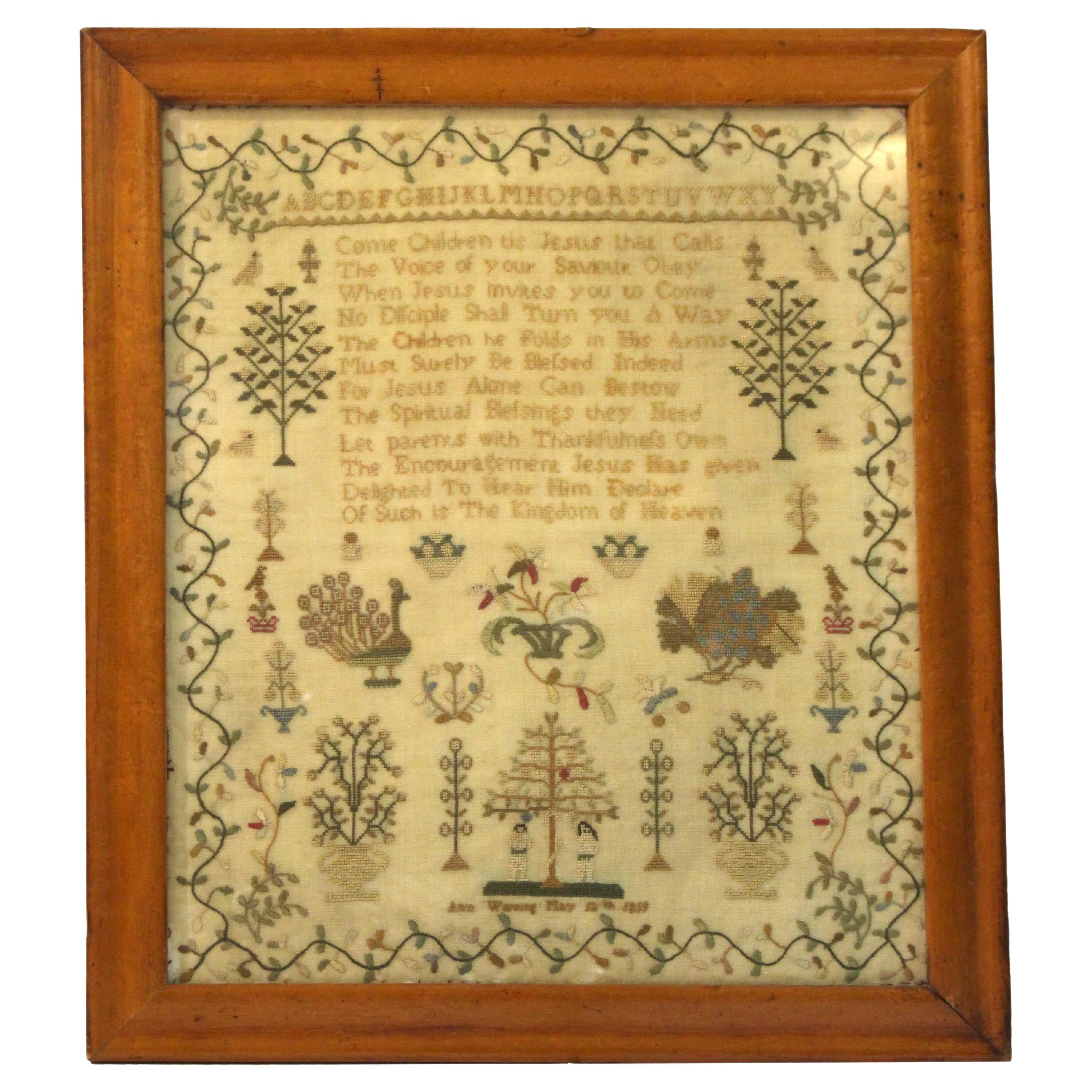 Muestrario de 1819 realizado por Ann Wareing en marco de época victoriana, inglés en venta