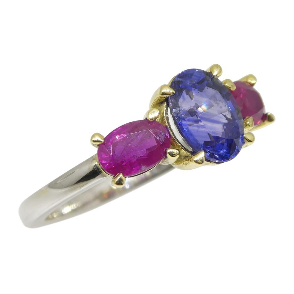 Oval Cut 1.81ct Blue Sapphire, Ruby Ring Set in 18k White and Yellow Gold For Sale