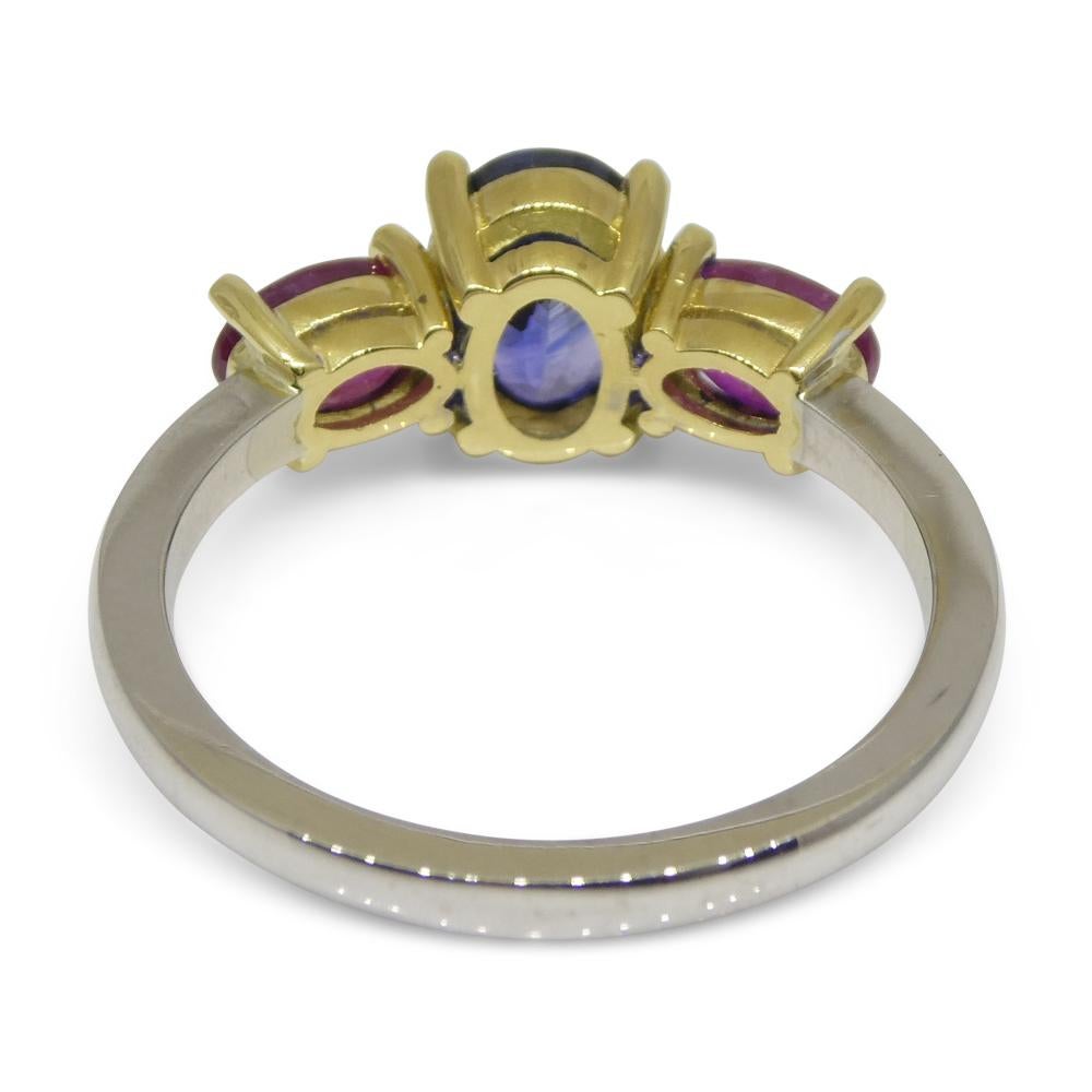 Women's or Men's 1.81ct Blue Sapphire, Ruby Ring Set in 18k White and Yellow Gold For Sale