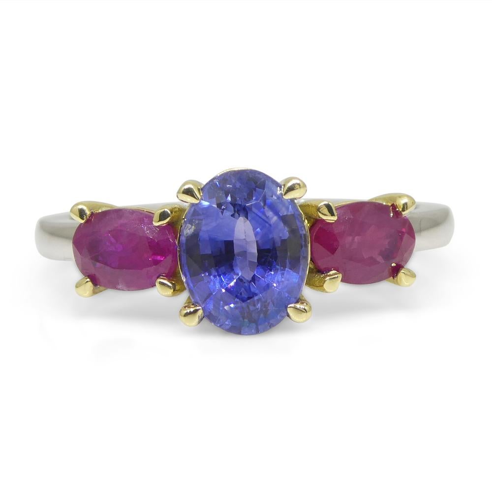 1.81ct Blue Sapphire, Ruby Ring Set in 18k White and Yellow Gold For Sale 1