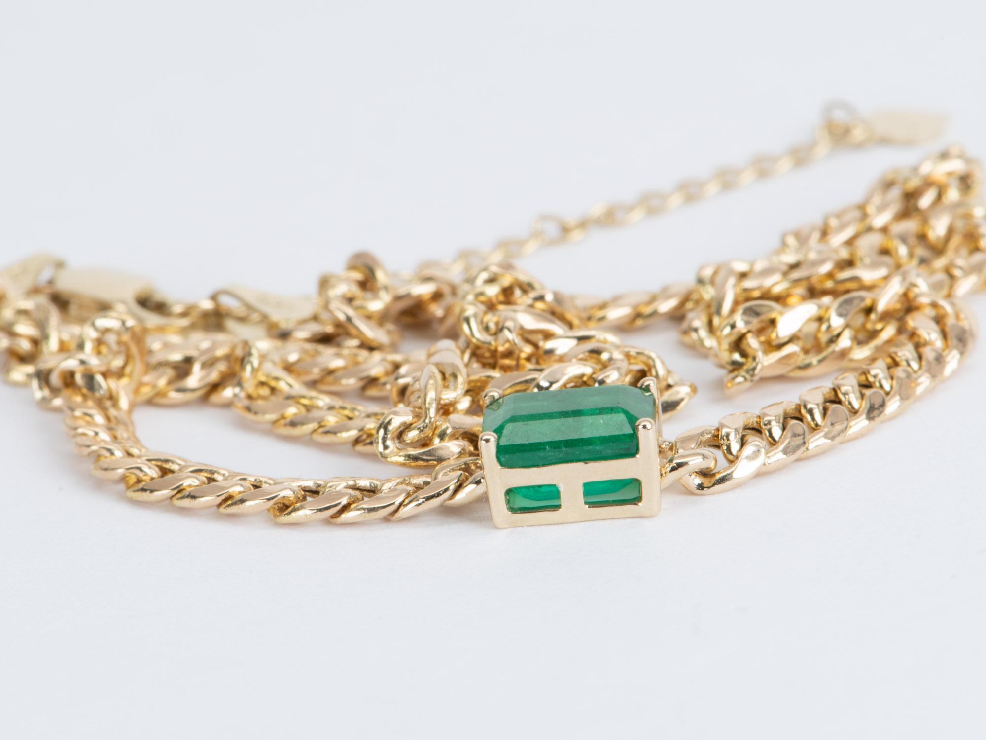 Emerald Cut 1.81ct Emerald Sideways Set Choker Necklace Miami Cuban Chain 14K Gold R4476