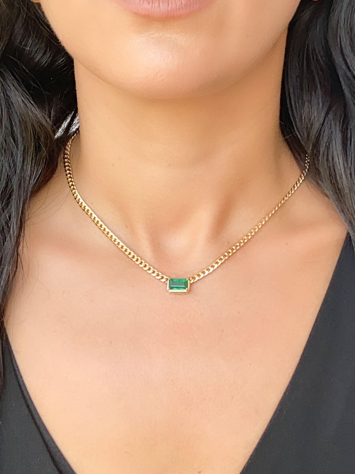 Women's or Men's 1.81ct Emerald Sideways Set Choker Necklace Miami Cuban Chain 14K Gold R4476
