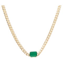 1.81ct Emerald Sideways Set Choker Necklace Miami Cuban Chain 14K Gold R4476