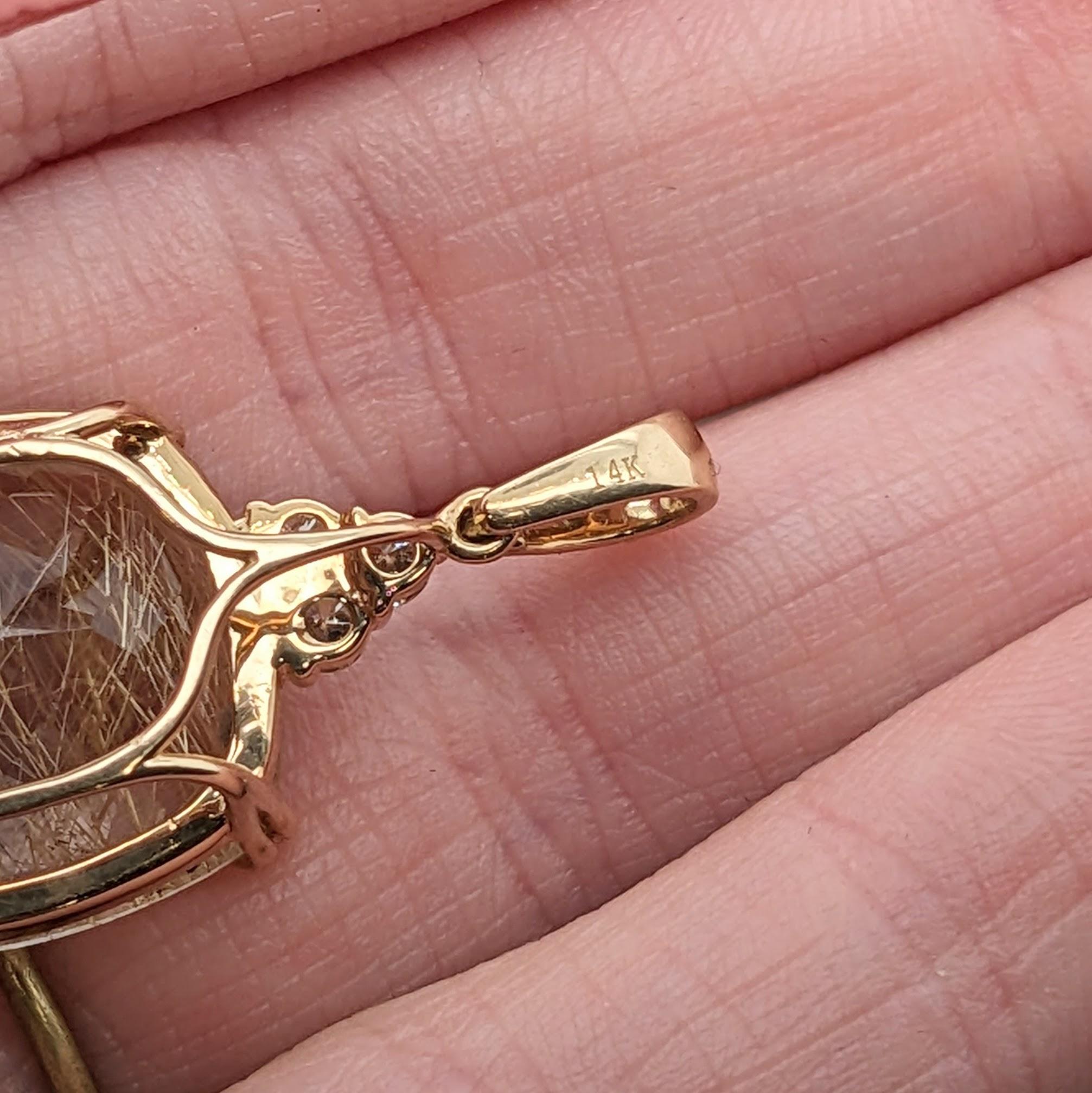 Pendentif en or massif 14 carats 18x16 en quartz rutile avec diamants extraits de la terre en vente 5