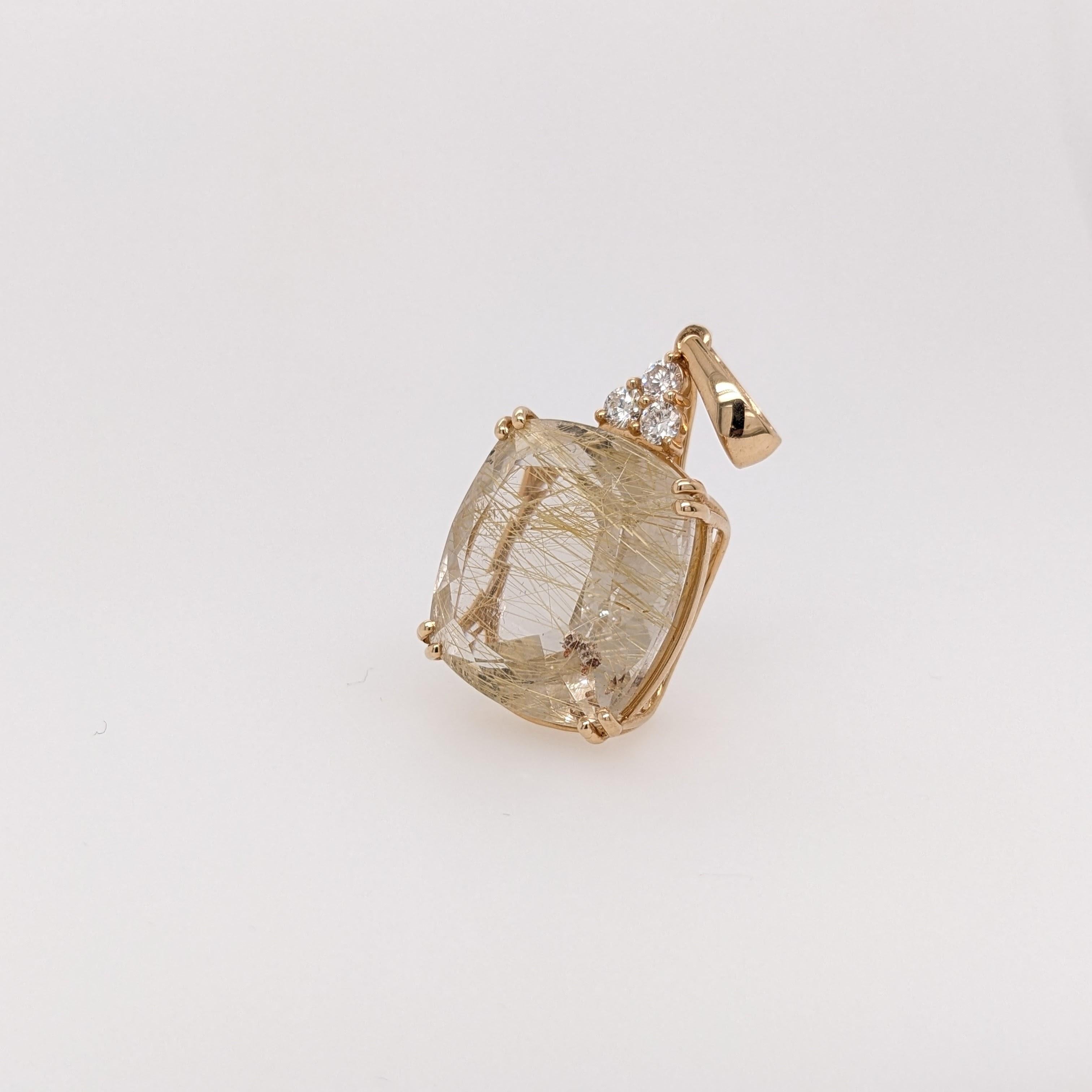 Modernist 18.1ct Gold Rutilated Quartz w Diamond Accents in Solid 14K Gold Cushion 18x16mm For Sale