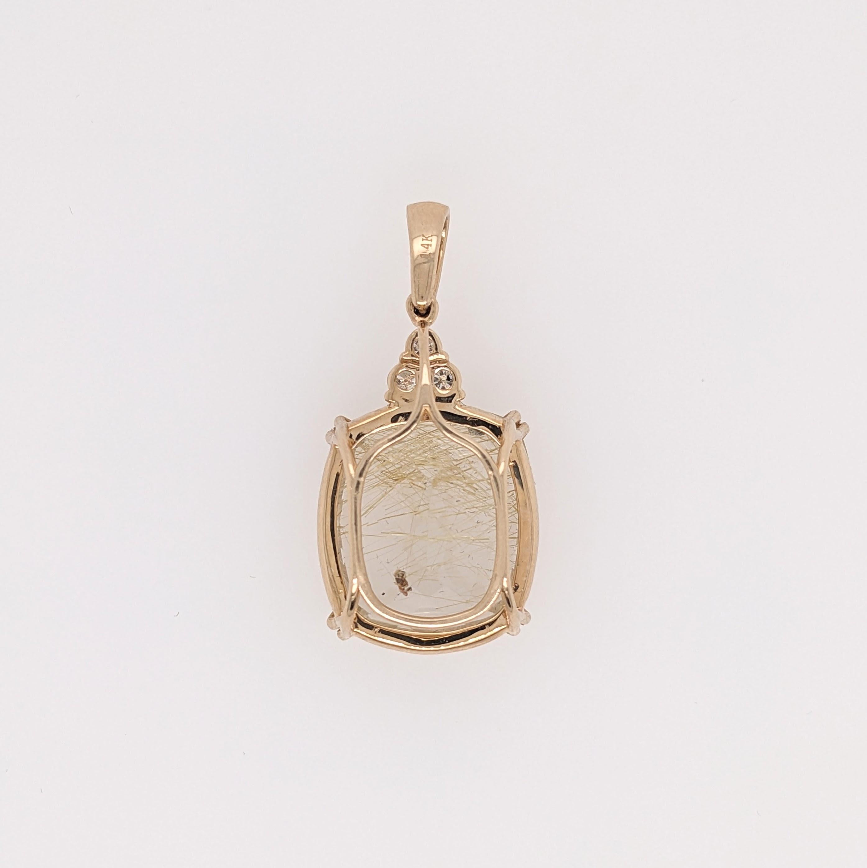 Taille coussin Pendentif en or massif 14 carats 18x16 en quartz rutile avec diamants extraits de la terre en vente