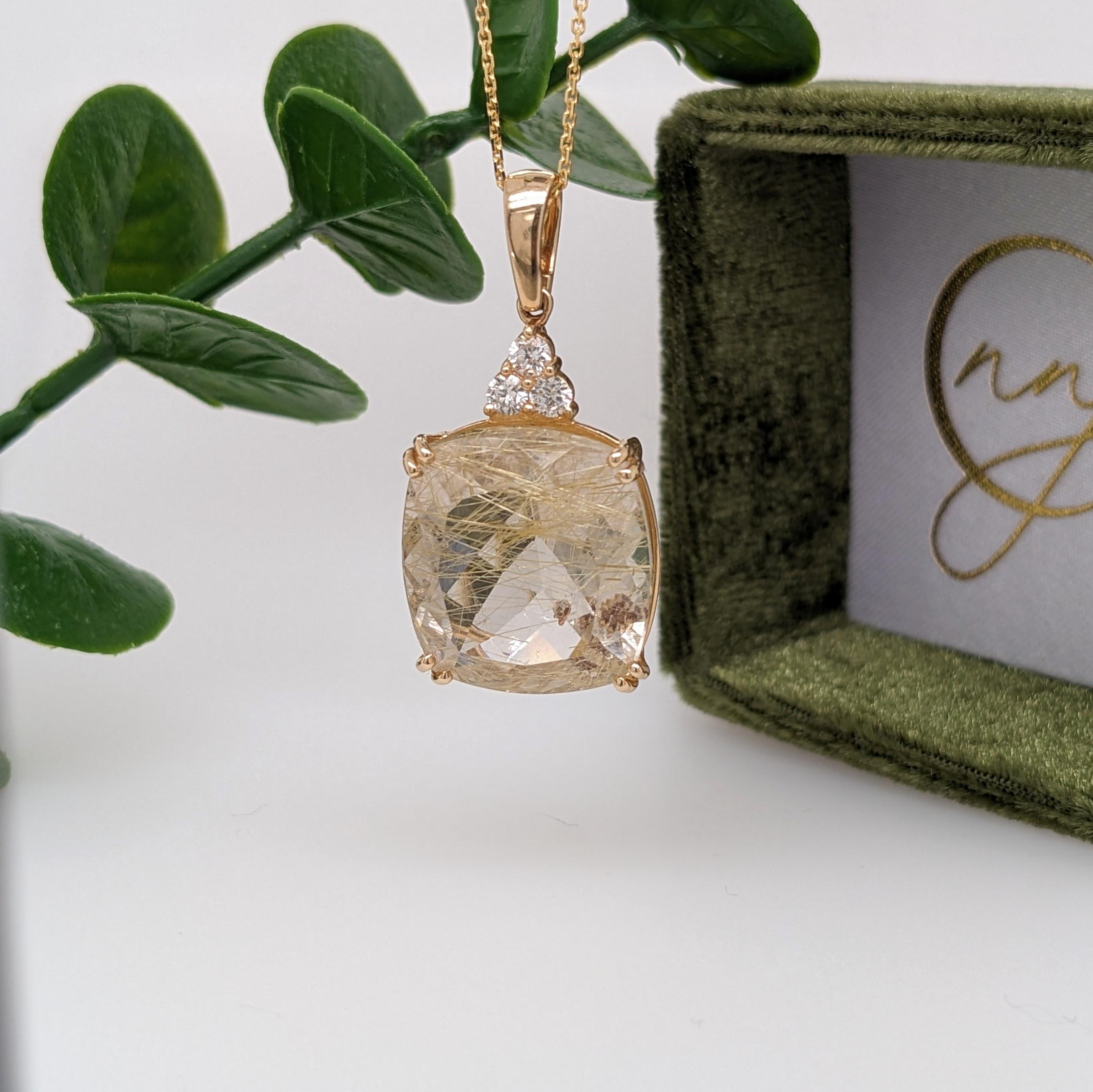 Pendentif en or massif 14 carats 18x16 en quartz rutile avec diamants extraits de la terre en vente 3