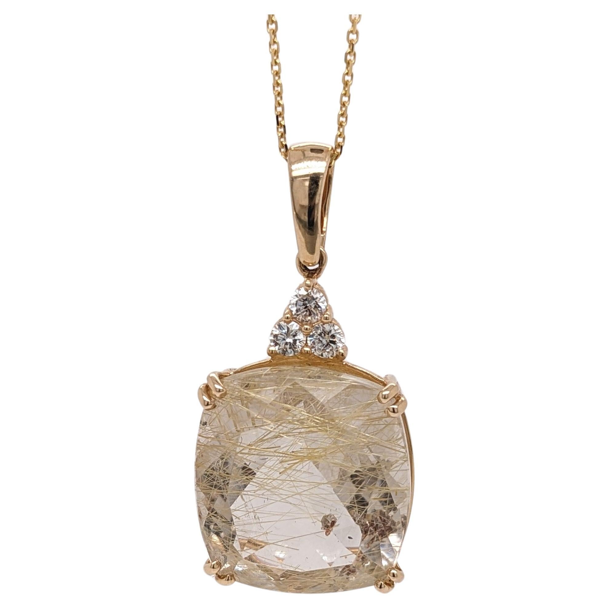 18.1ct Gold Rutilated Quartz w Diamond Accents in Solid 14K Gold Cushion 18x16mm For Sale