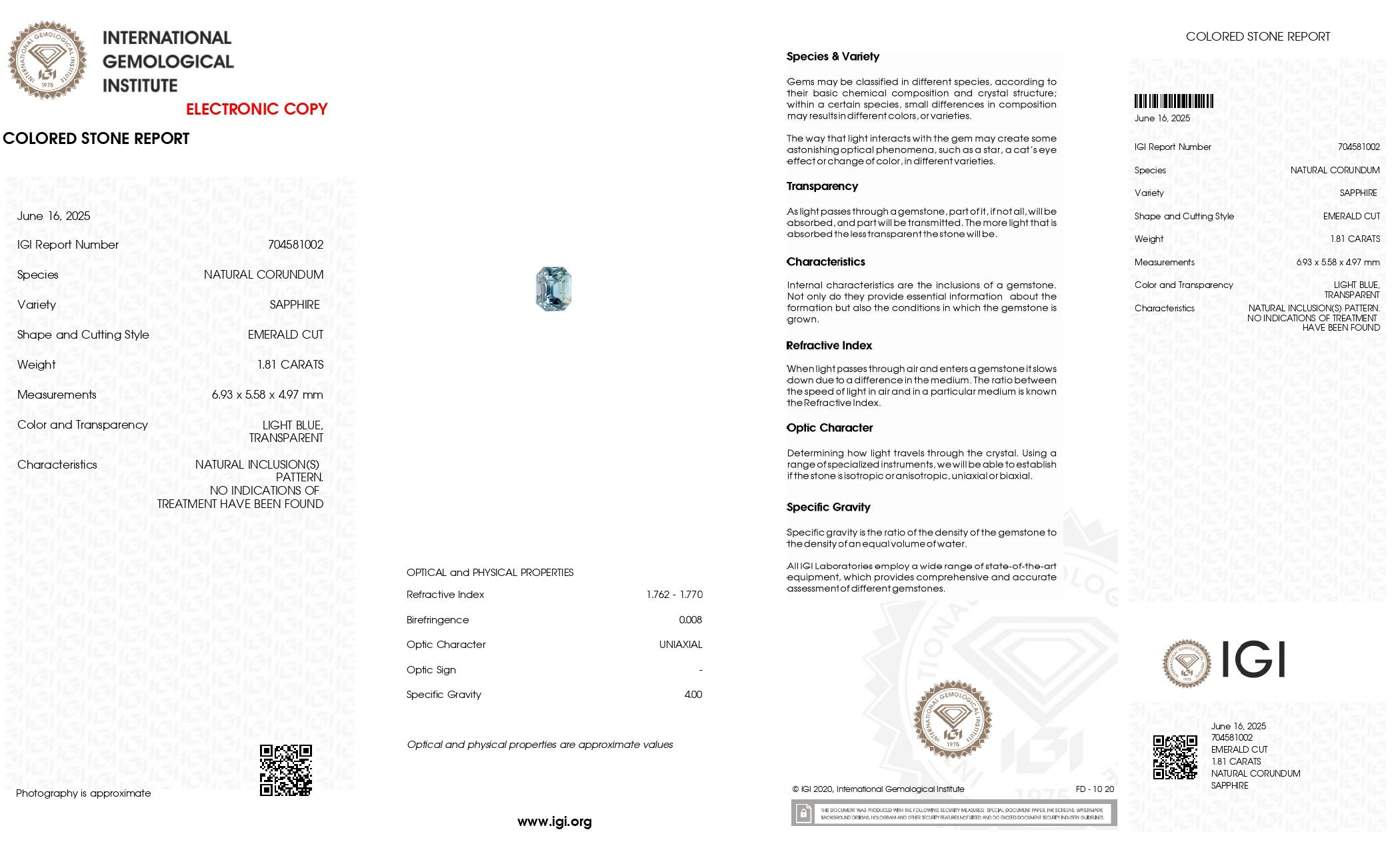 Détail des pierres :

Sku No :

Type de gemme : Saphir bleu

Couleur : Bleu clair (bleu pastel)

Poids en carats (1 pièce) : 1.81 Ct

Clarté : VS 

Transparence : Transparent

Forme et taille : Taille émeraude

Dimensions (mm) :6.93x5.58x4.97