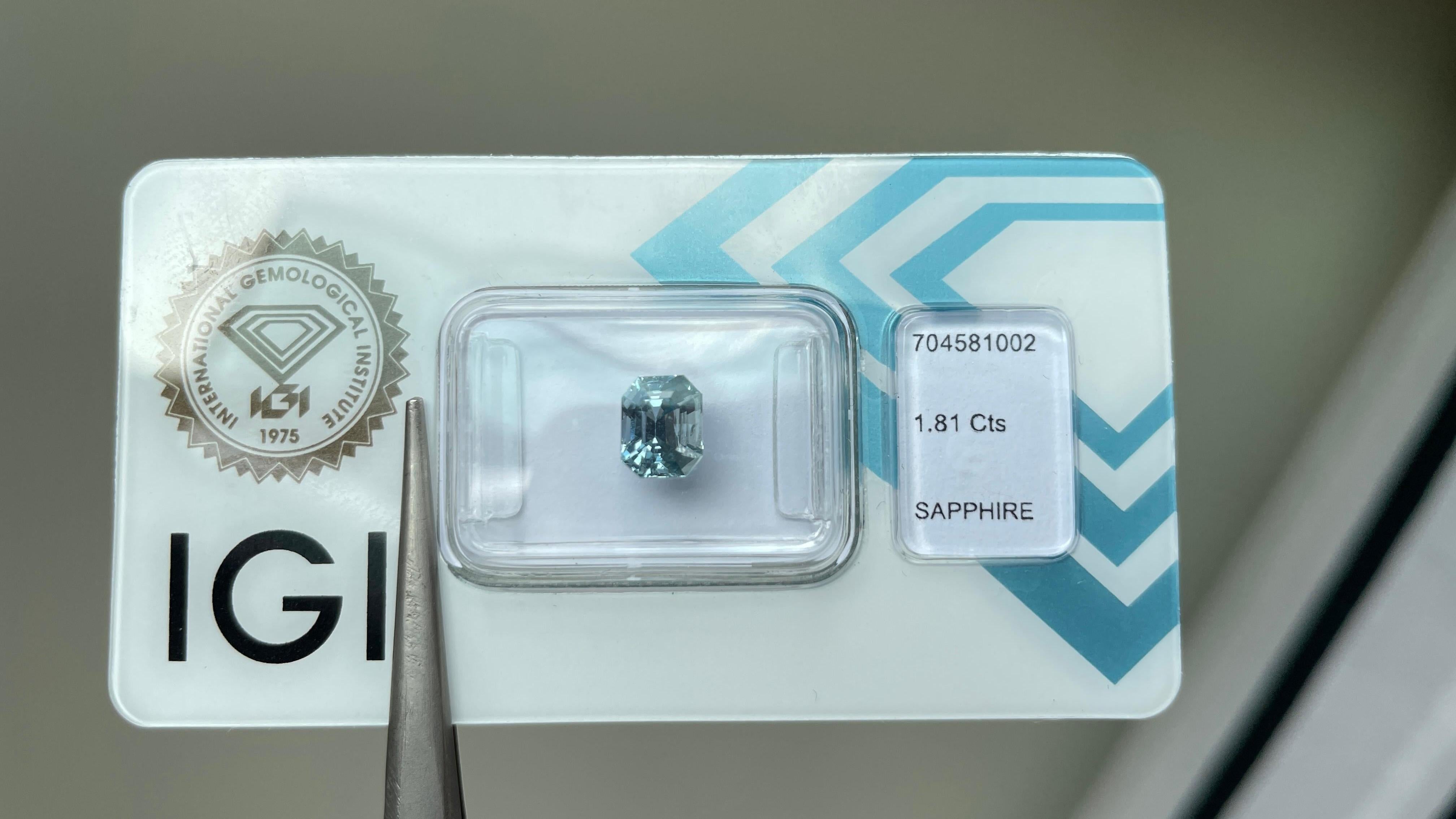 Taille émeraude 1.81Ct Saphir bleu pastel naturel non chauffé (6.93x5.58x4.97mm)- Certifié IGI en vente