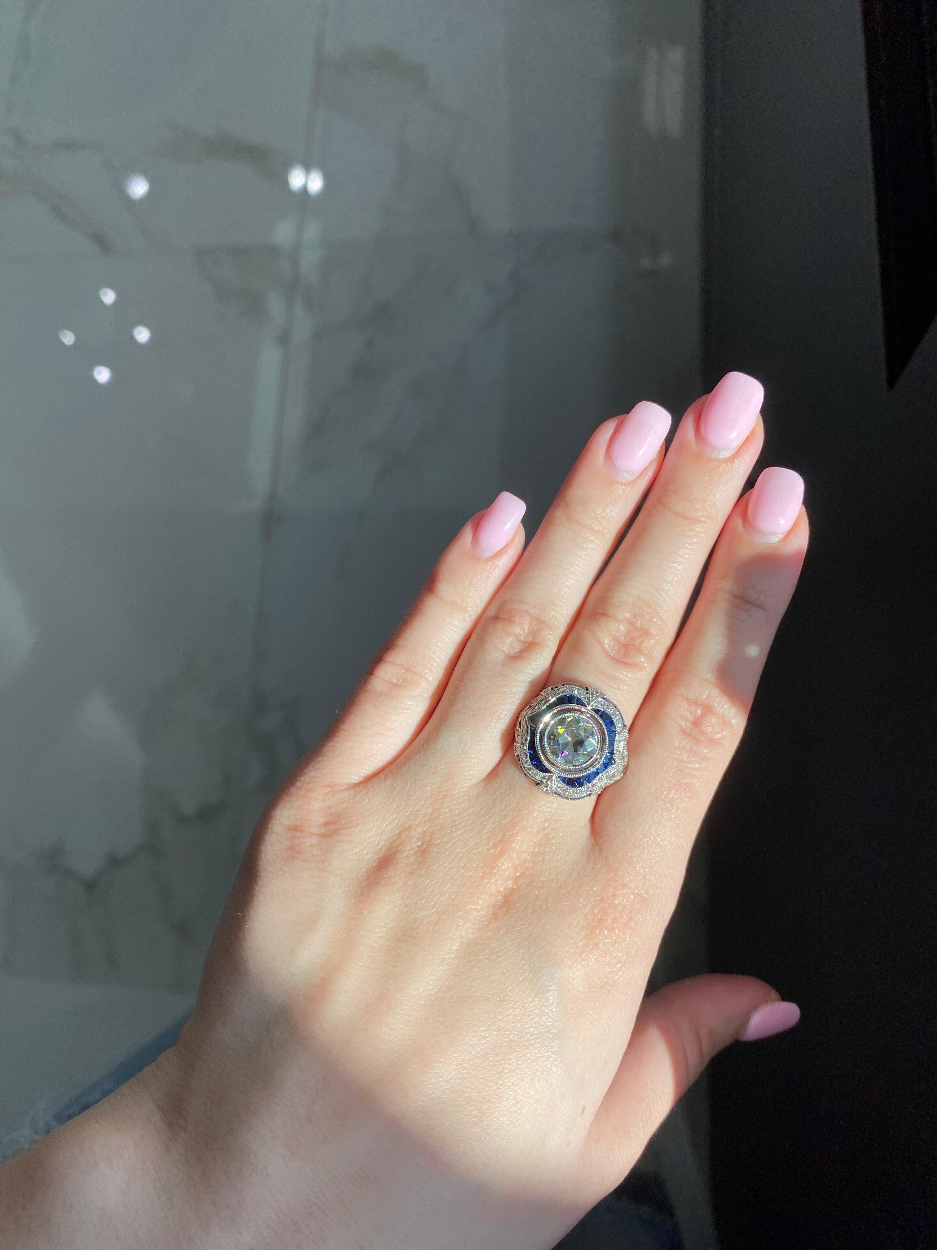 Women's or Men's 1.81 Carat Old European GIA Certified Diamond with 1.21 Carat Sapphire Ring