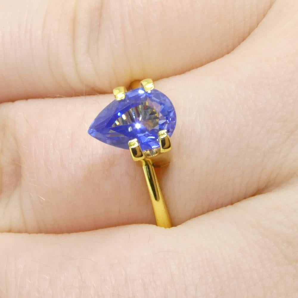 Description:

Gem Type: Sapphire 
Number of Stones: 1
Weight: 1.81 cts
Measurements: 8.93 x 6.25 x 4.06 mm
Shape: Pear
Cutting Style Crown: Modified Brilliant Cut
Cutting Style Pavilion: Step Cut 
Transparency: Transparent
Clarity: Very Very