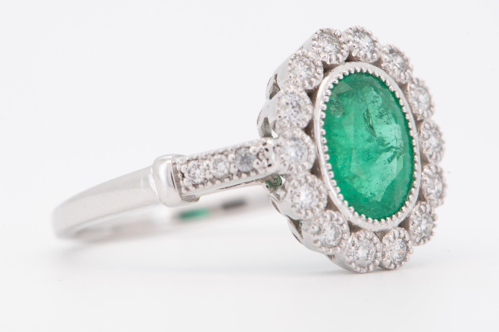 Emerald Cut 1.81ctw Emerald and Diamond Halo Scallop Milgrain18K Gold Engagement Ring AD1653 For Sale
