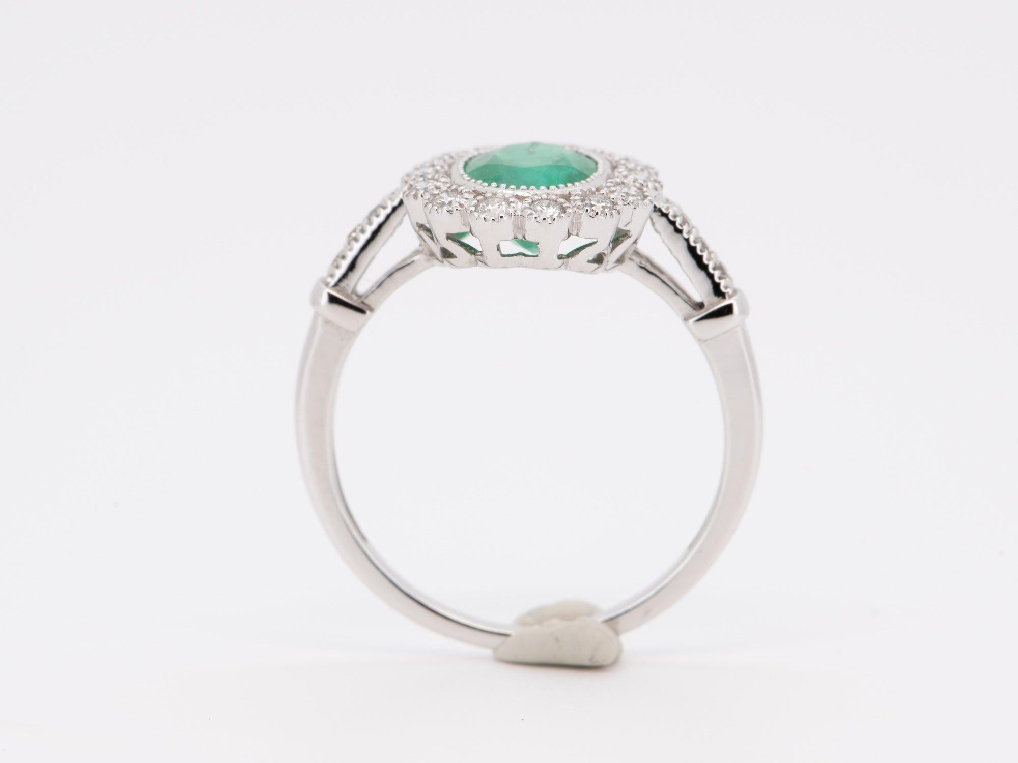 Women's or Men's 1.81ctw Emerald and Diamond Halo Scallop Milgrain18K Gold Engagement Ring AD1653 For Sale