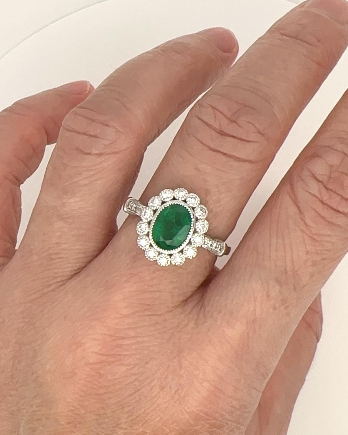 1.81ctw Emerald and Diamond Halo Scallop Milgrain18K Gold Engagement Ring AD1653 For Sale 1