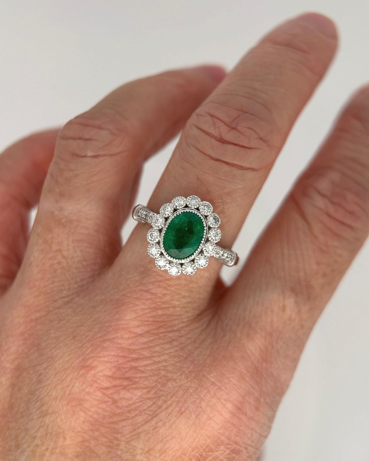 1.81ctw Emerald and Diamond Halo Scallop Milgrain18K Gold Engagement Ring AD1653 For Sale 2