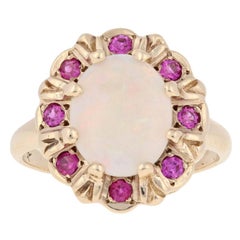 1.81ctw Oval Cabochon Cut Opal & Synthetic Ruby Vintage Ring, 10k Gold Halo