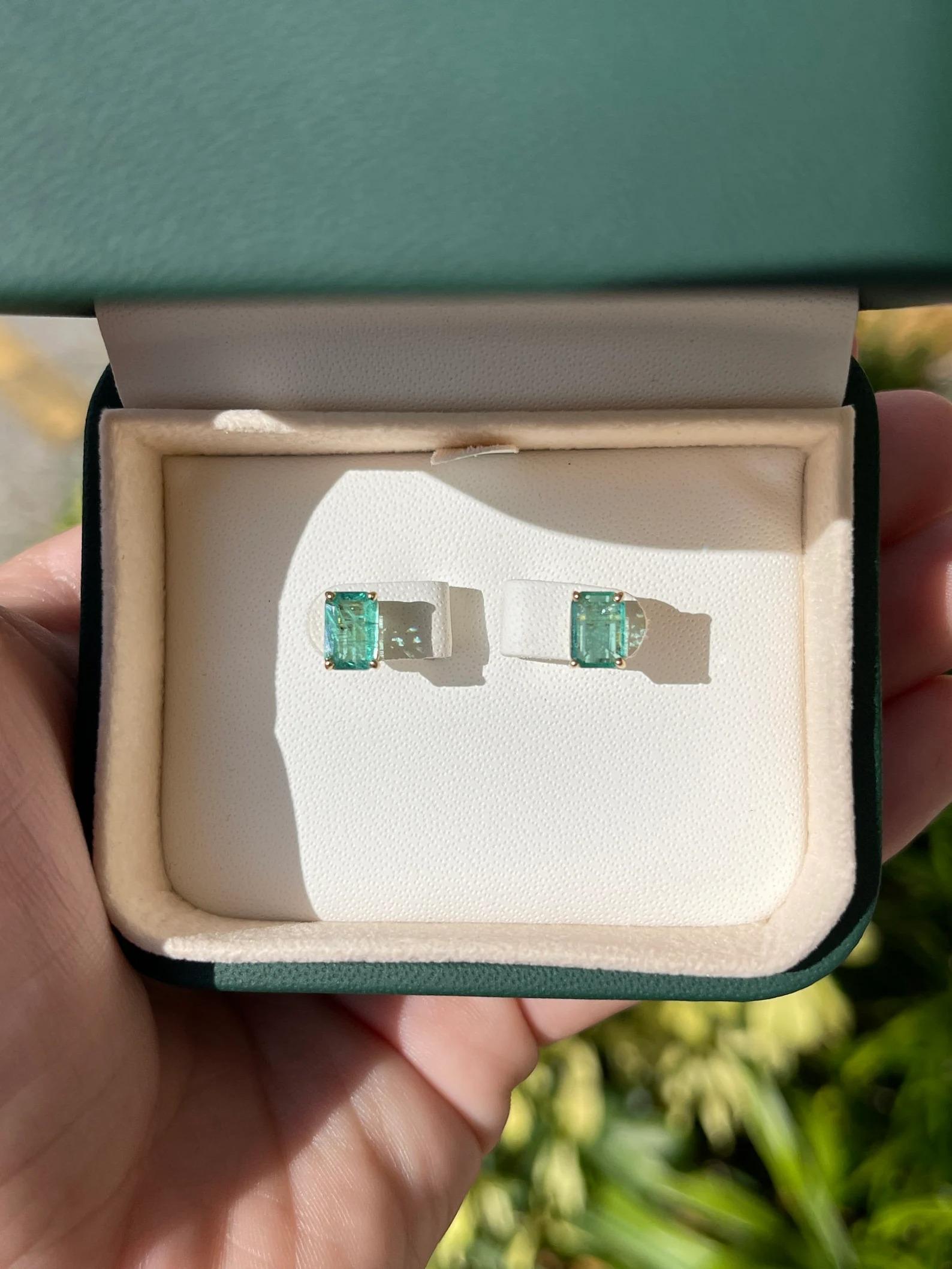 Emerald Cut 1.81tcw Natural Zambian Emerald Classic Four Prong Solitaire Stud Earrings 14K For Sale
