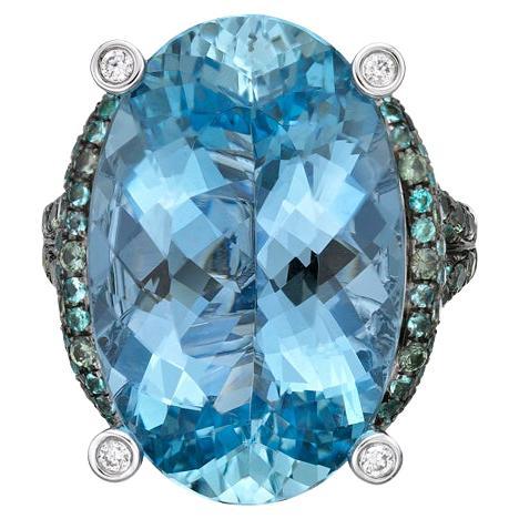 18.2 Carat Aquamarine Ring in 18 Karat White Gold with Paraiba and Alexandrite For Sale