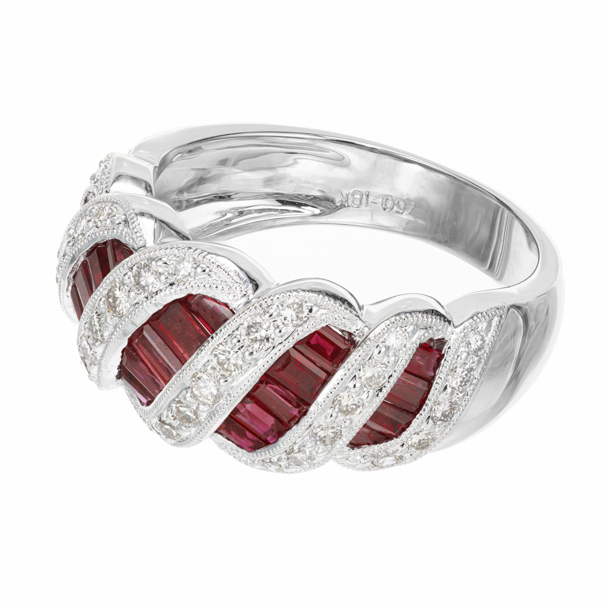 Baguette Cut 1.82 Carat Baguette Ruby Round Diamond White Gold Swirl Band Ring For Sale