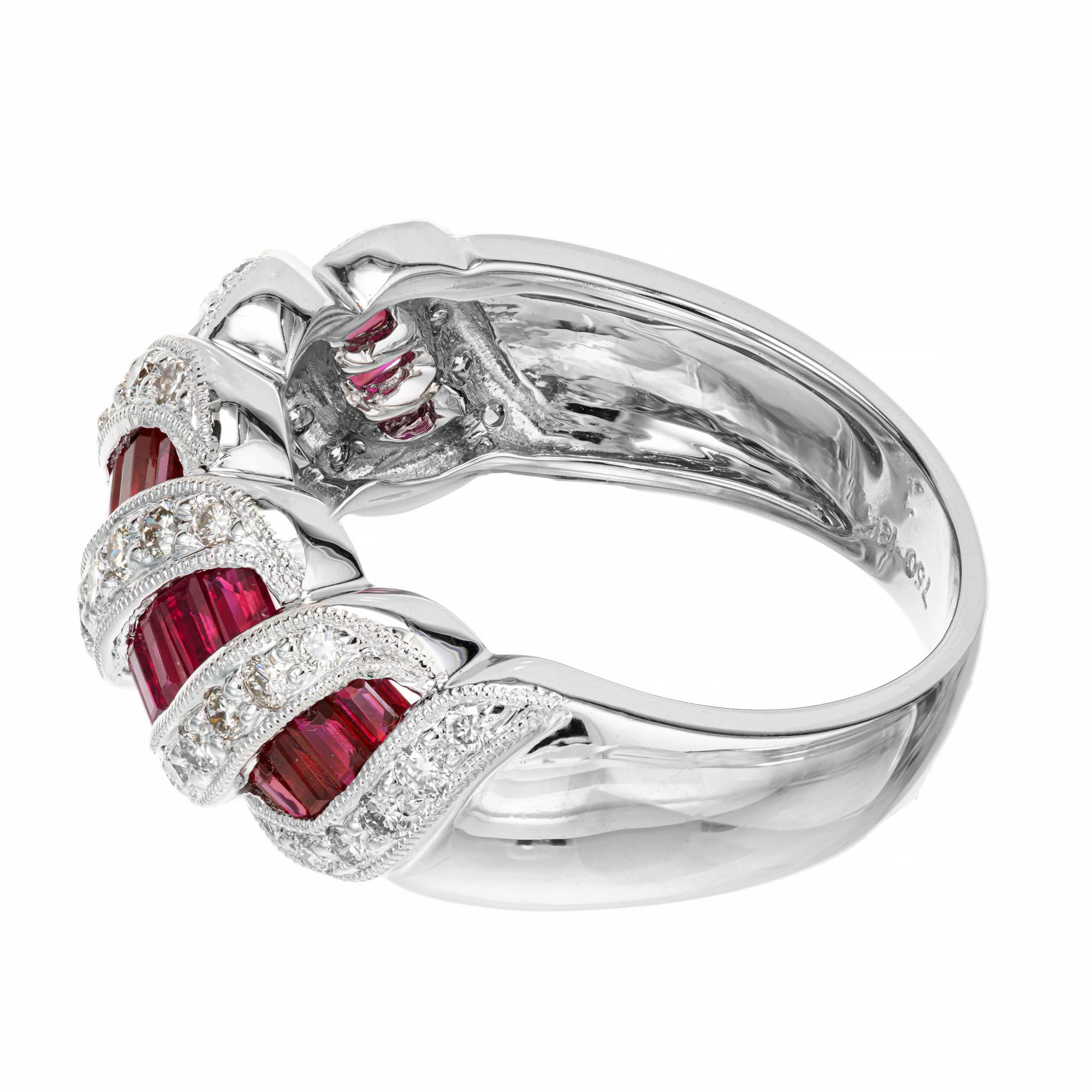 1.82 Carat Baguette Ruby Round Diamond White Gold Swirl Band Ring In Good Condition For Sale In Stamford, CT