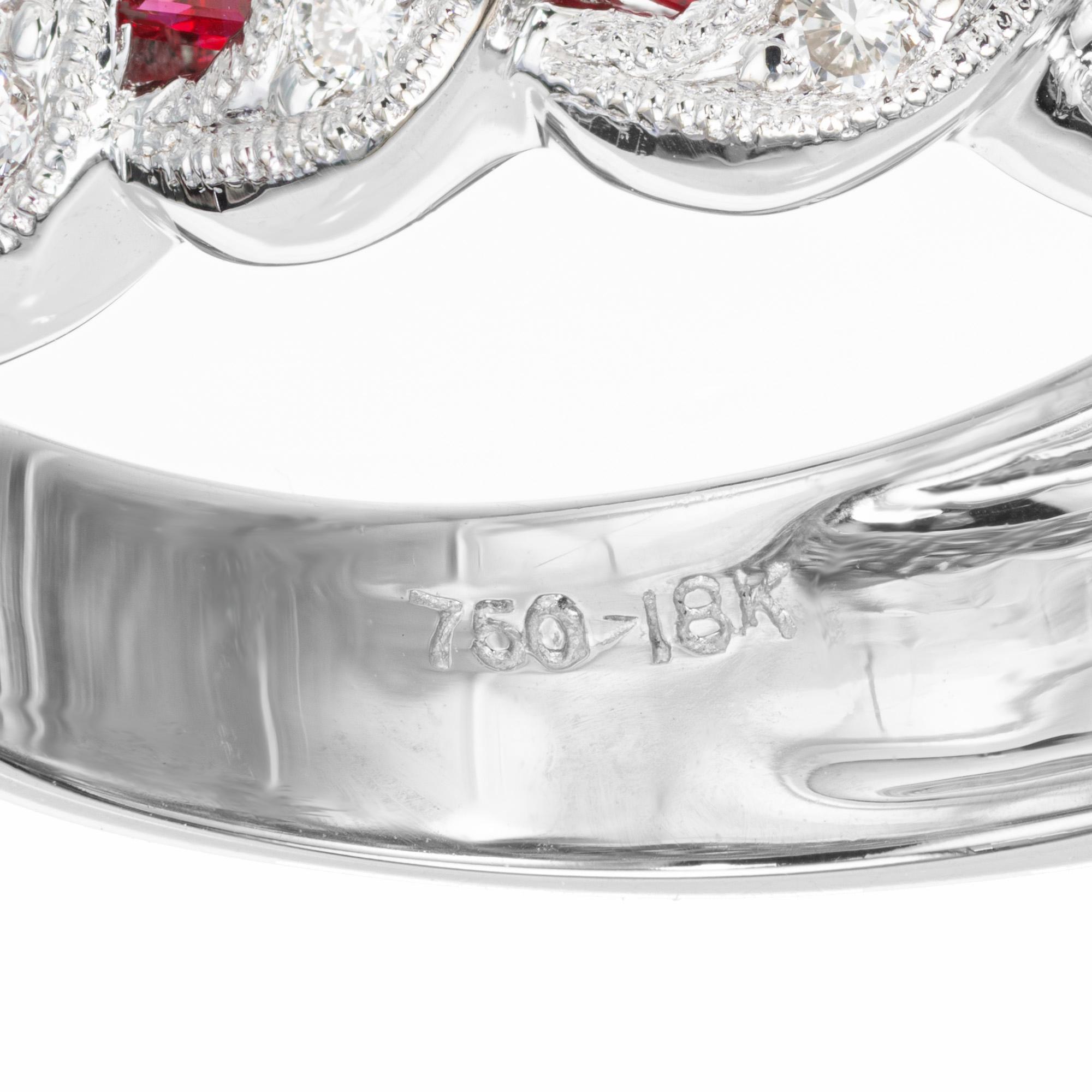 Women's 1.82 Carat Baguette Ruby Round Diamond White Gold Swirl Band Ring For Sale