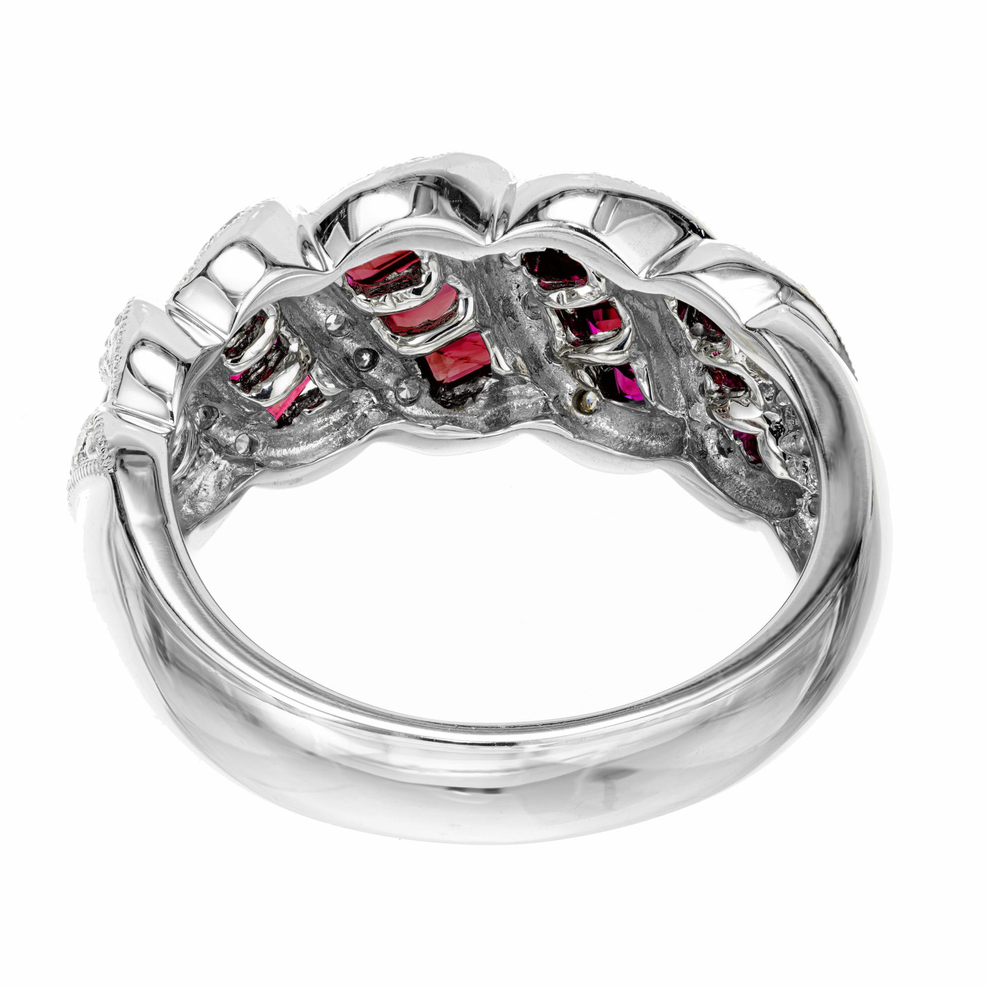 1.82 Carat Baguette Ruby Round Diamond White Gold Swirl Band Ring For Sale 2