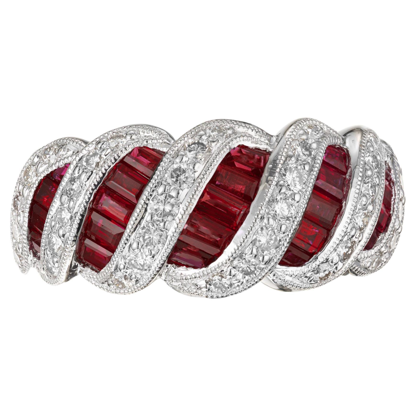 1.82 Carat Baguette Ruby Round Diamond White Gold Swirl Band Ring For Sale