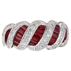 1.82 Carat Baguette Ruby Round Diamond White Gold Swirl Band Ring