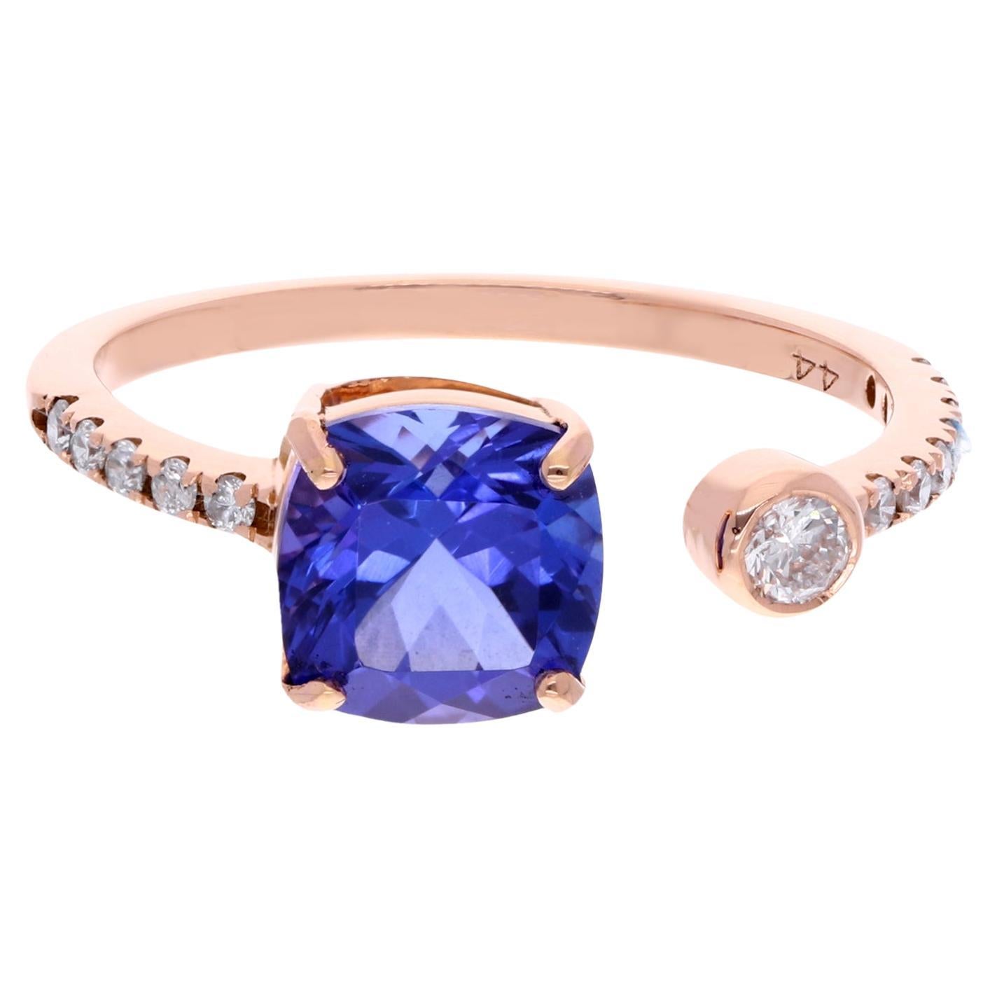 1.82 Carat Cushion Cut Tanzanite Cuff Ring 0.20 Ct Diamond 18 Karat Rose Gold