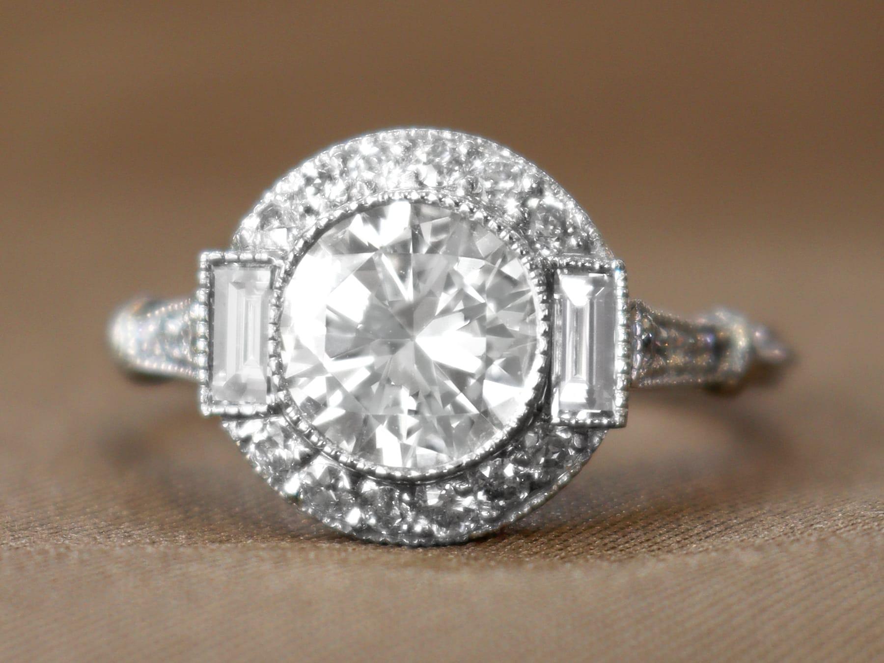 Old European Cut 1.82 Carat Diamond and Platinum Halo Engagement Ring For Sale