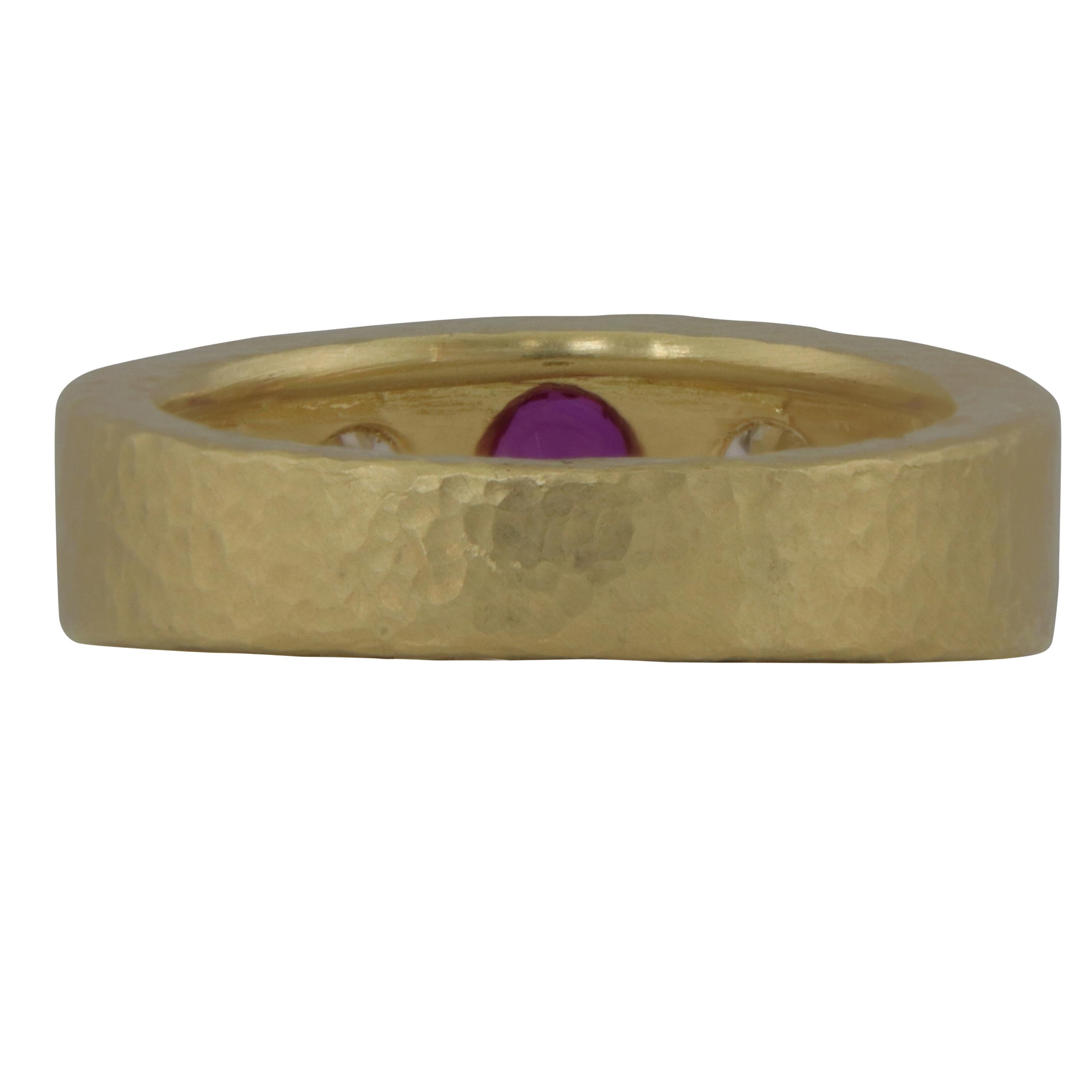 Byzantine 1.82 Carat Hing Yellow Gold Ruby and Diamond Hand Hammered Band/Ring For Sale